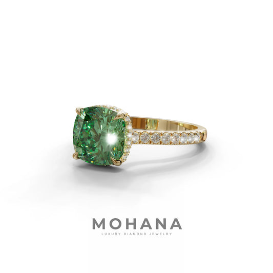 2.5 Carat Green Cushion Cut Hidden Halo & Pave Lab Diamond Ring - Éblouissant