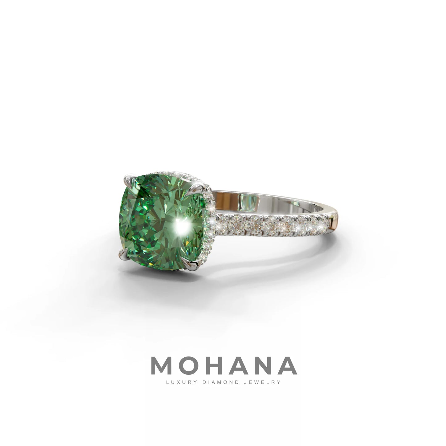 2.5 Carat Green Cushion Cut Hidden Halo & Pave Lab Diamond Ring - Éblouissant