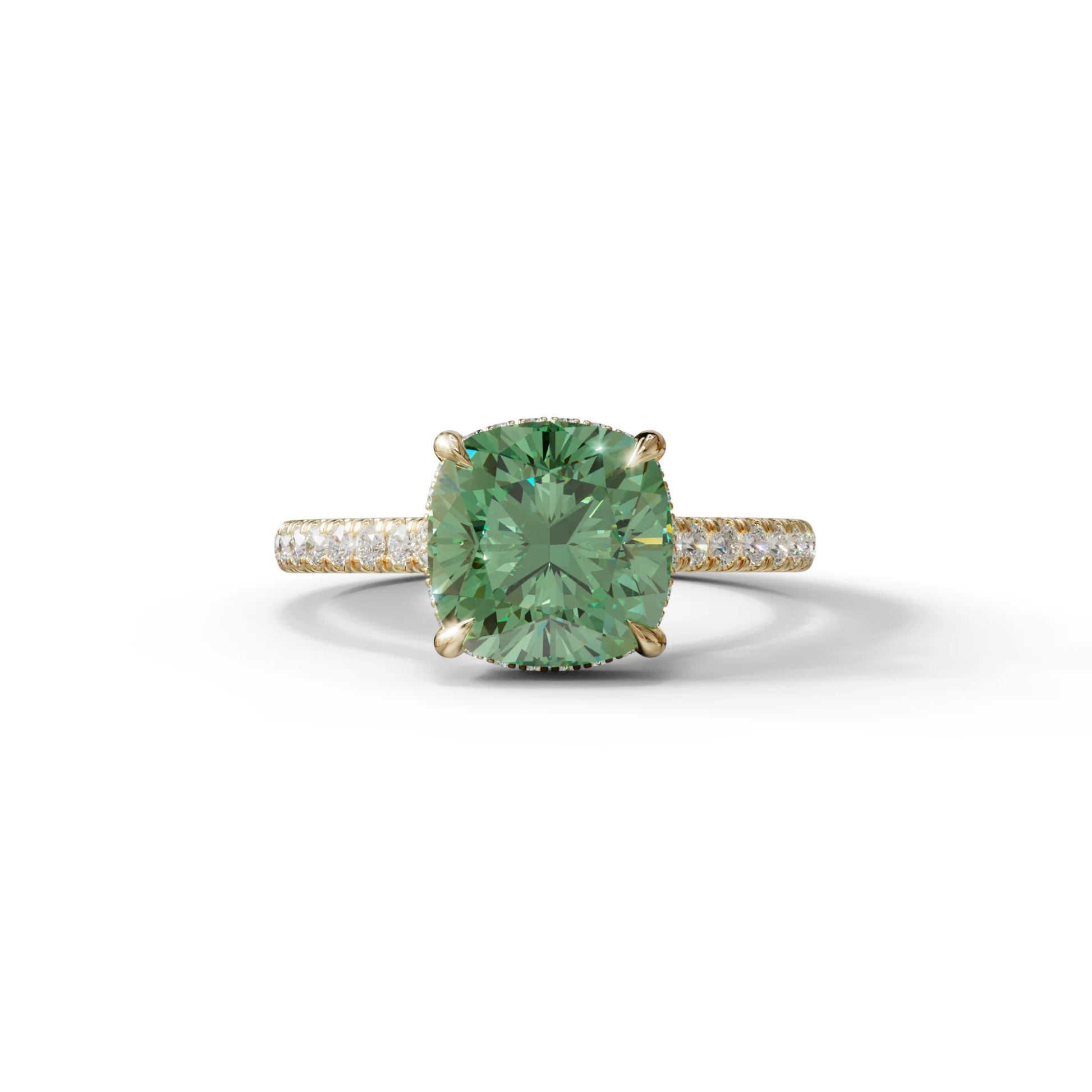 2.5 Carat Green Cushion Cut Hidden Halo & Pave Lab Diamond Ring - Éblouissant - 10K Solid Gold / Yellow Gold