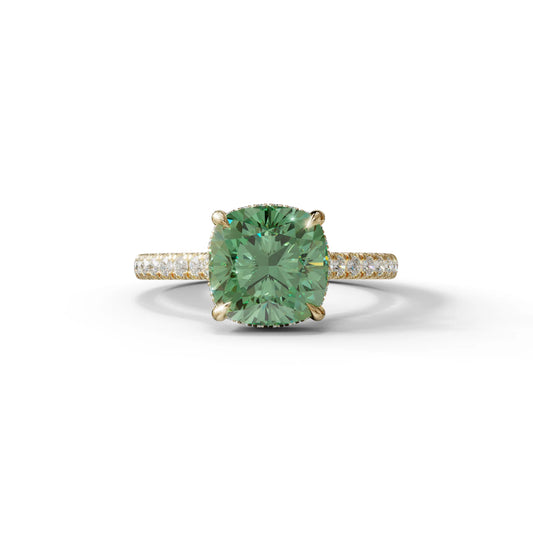 2.5 Carat Green Cushion Cut Hidden Halo & Pave Lab Diamond Ring - Éblouissant - 10K Solid Gold / Yellow Gold