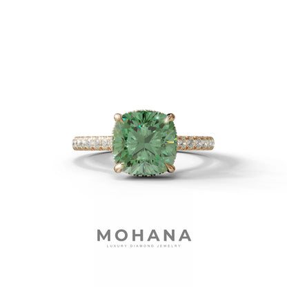 2.5 Carat Green Cushion Cut Hidden Halo & Pave Lab Diamond Ring - Éblouissant - 10K Solid Gold / Rose Gold