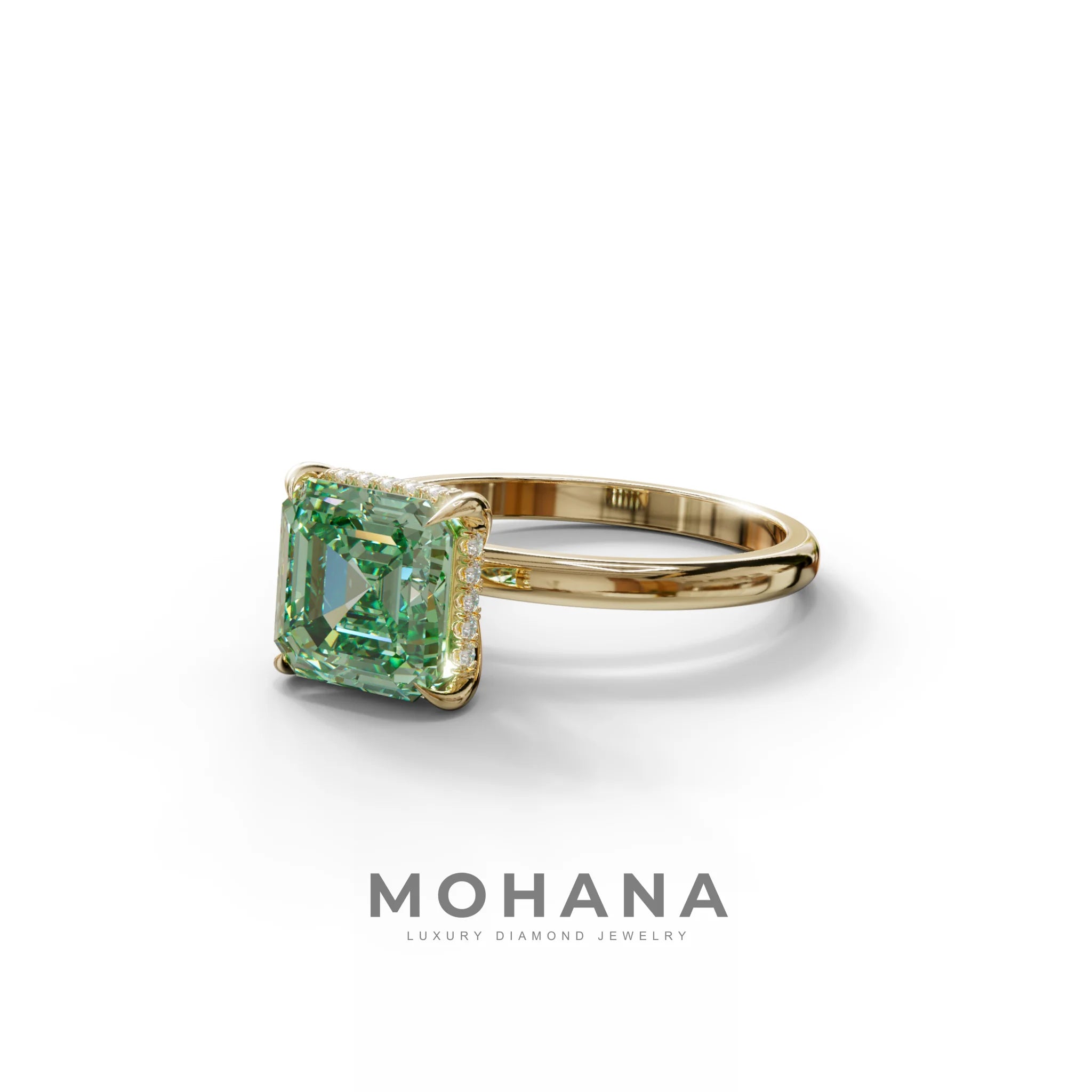 2.5 Carat Green Asscher Cut Hidden Halo Setting Lab Grown Diamond Ring