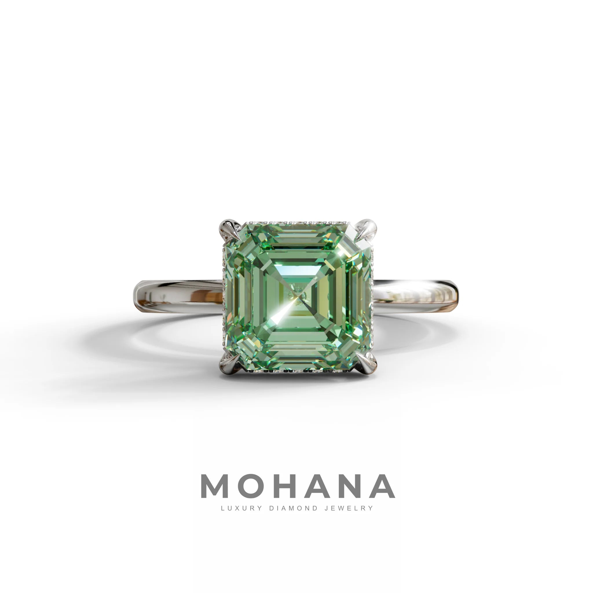 2.5 Carat Green Asscher Cut Hidden Halo Setting Lab Grown Diamond Ring - 10K Solid Gold / White Gold