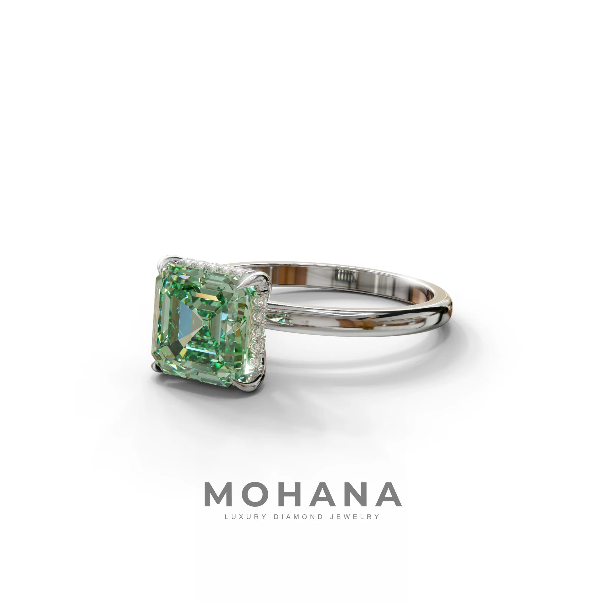 2.5 Carat Green Asscher Cut Hidden Halo Setting Lab Grown Diamond Ring