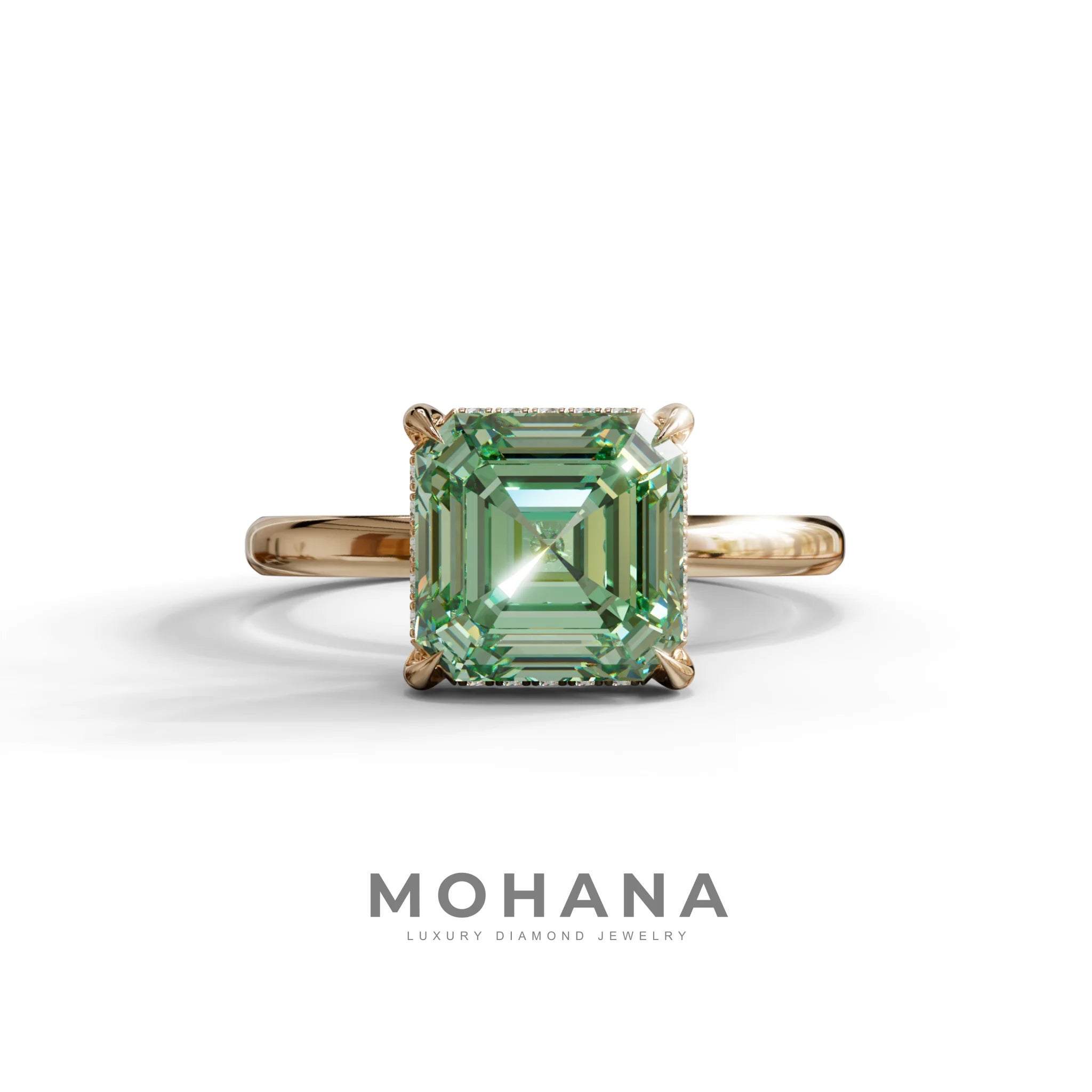 2.5 Carat Green Asscher Cut Hidden Halo Setting Lab Grown Diamond Ring - 10K Solid Gold / Rose Gold