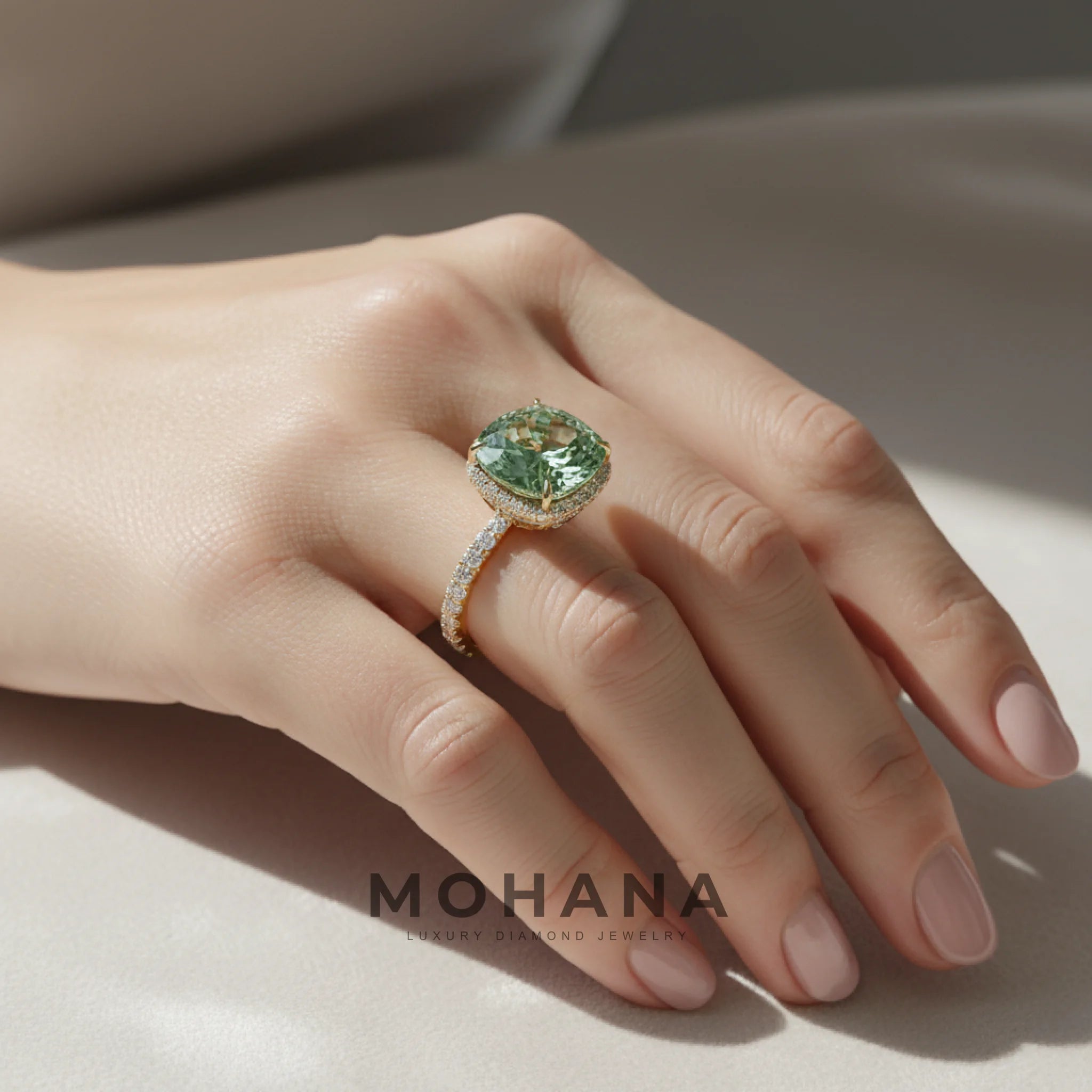 2.5 Carat Fancy Vivid Green Cushion Cut Hidden Halo & Pave Lab Grown Diamond Ring