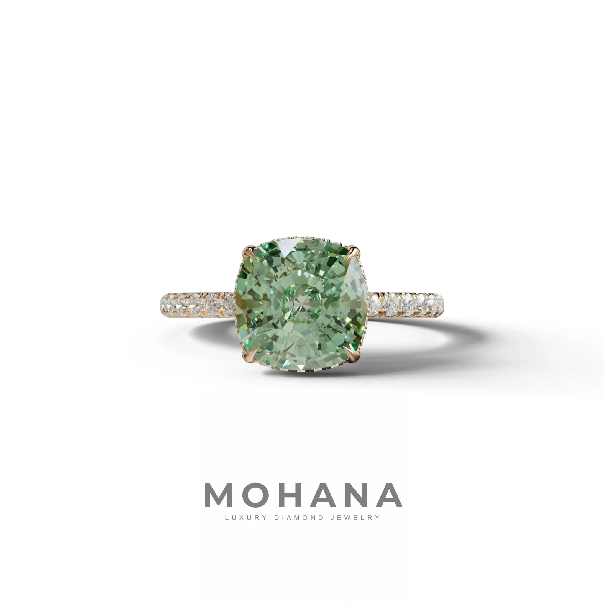 2.5 Carat Green Cushion Cut Hidden Halo & Pave Lab Grown Diamond Ring - 10K Solid Gold / Rose Gold