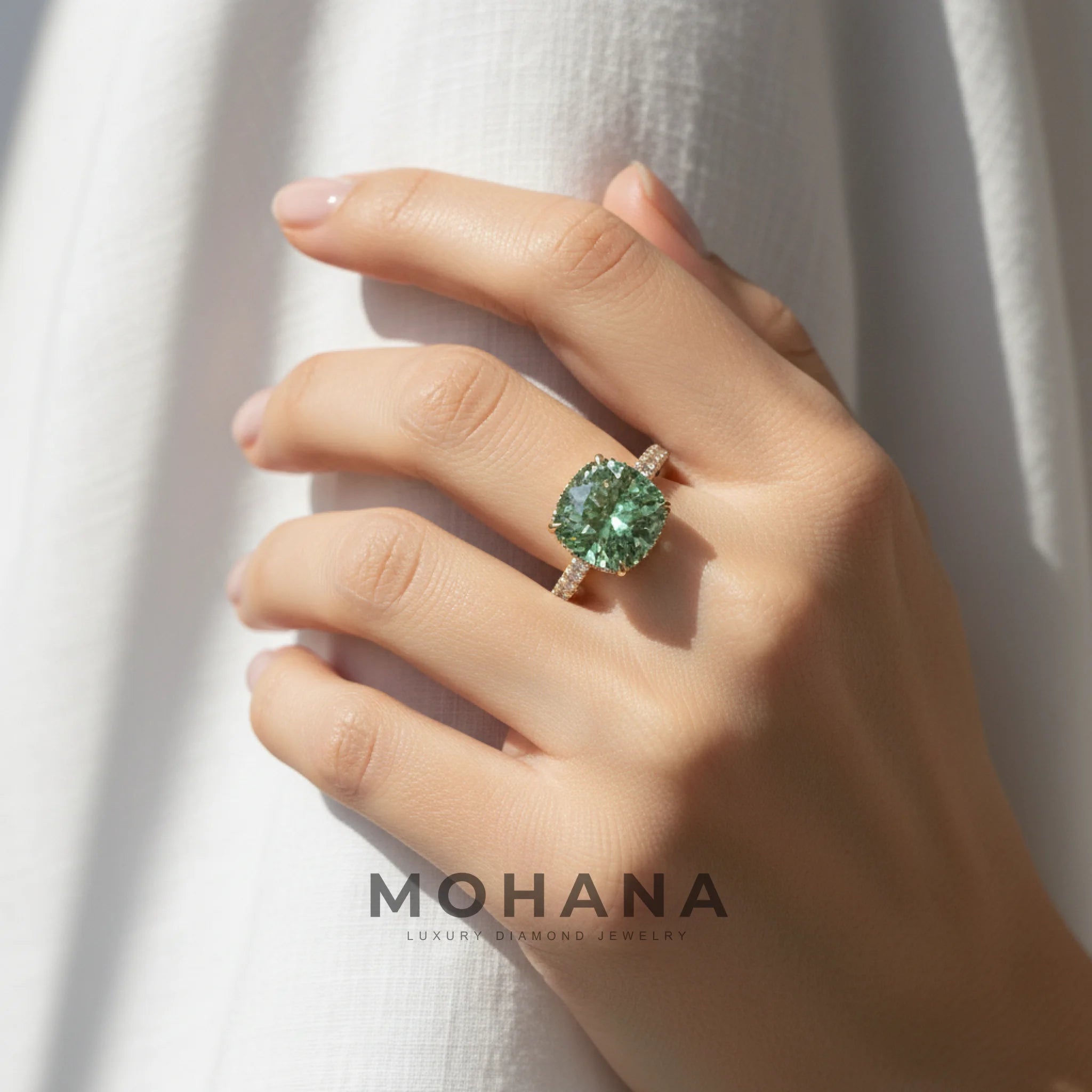 2.5 Carat Fancy Vivid Green Cushion Cut Hidden Halo & Pave Lab Grown Diamond Ring