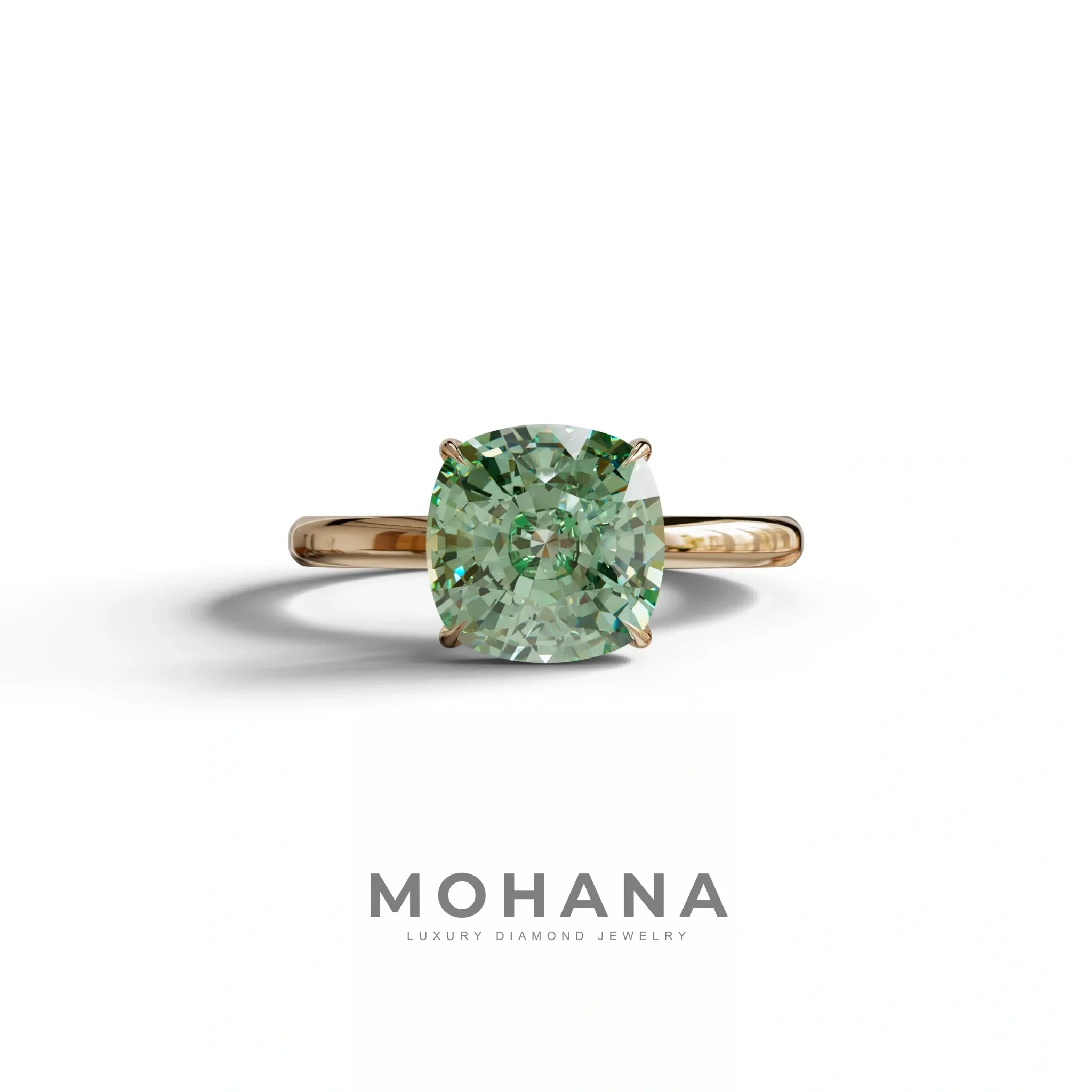 Green Cushion Cut Solitaire Lab Grown Diamond Engagement Ring - Mesmera - 2 Carat / 10K Solid Gold / Rose Gold