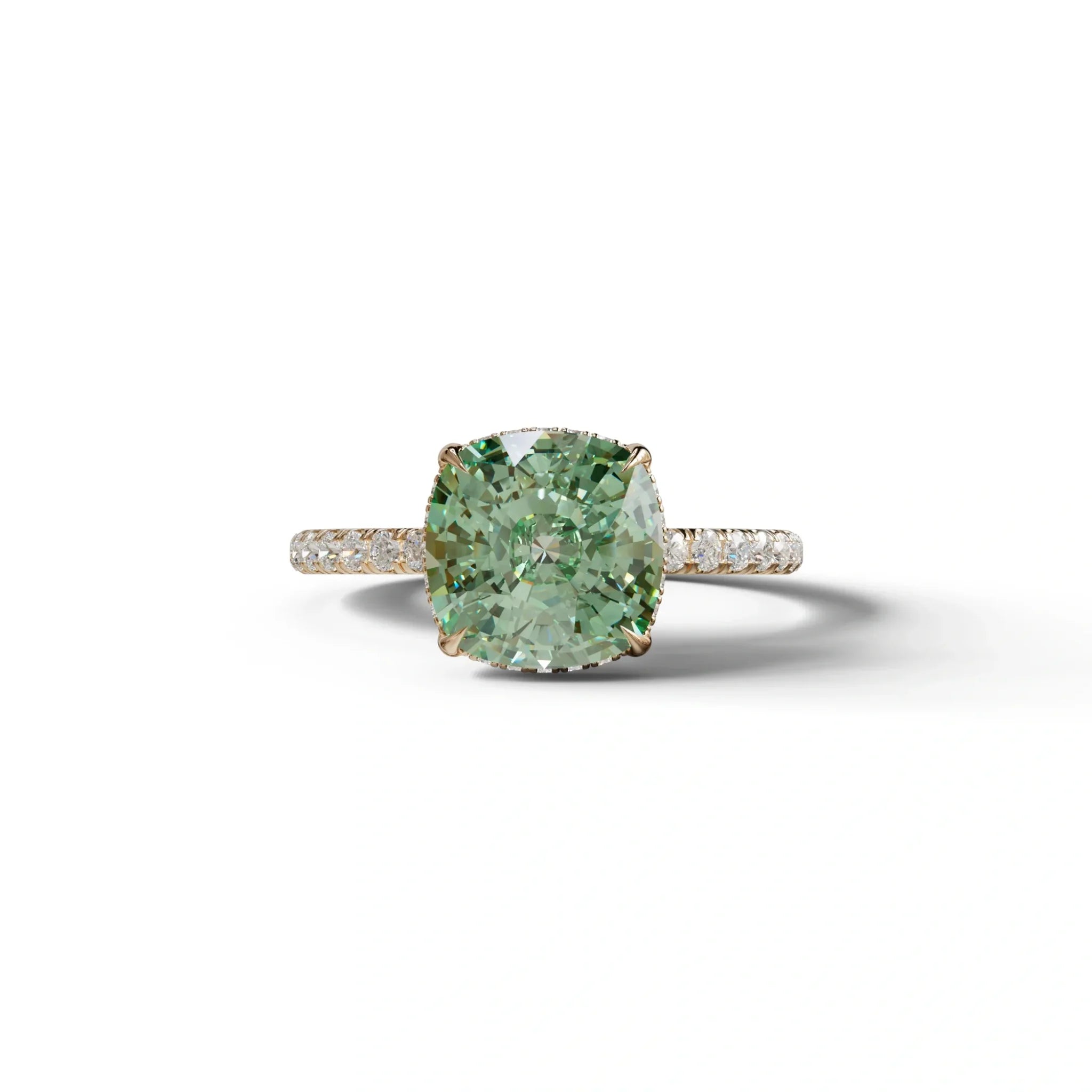 2.5 Carat Green Cushion Cut Hidden Halo & Pave Lab Grown Diamond Ring - 10K Solid Gold / Yellow Gold
