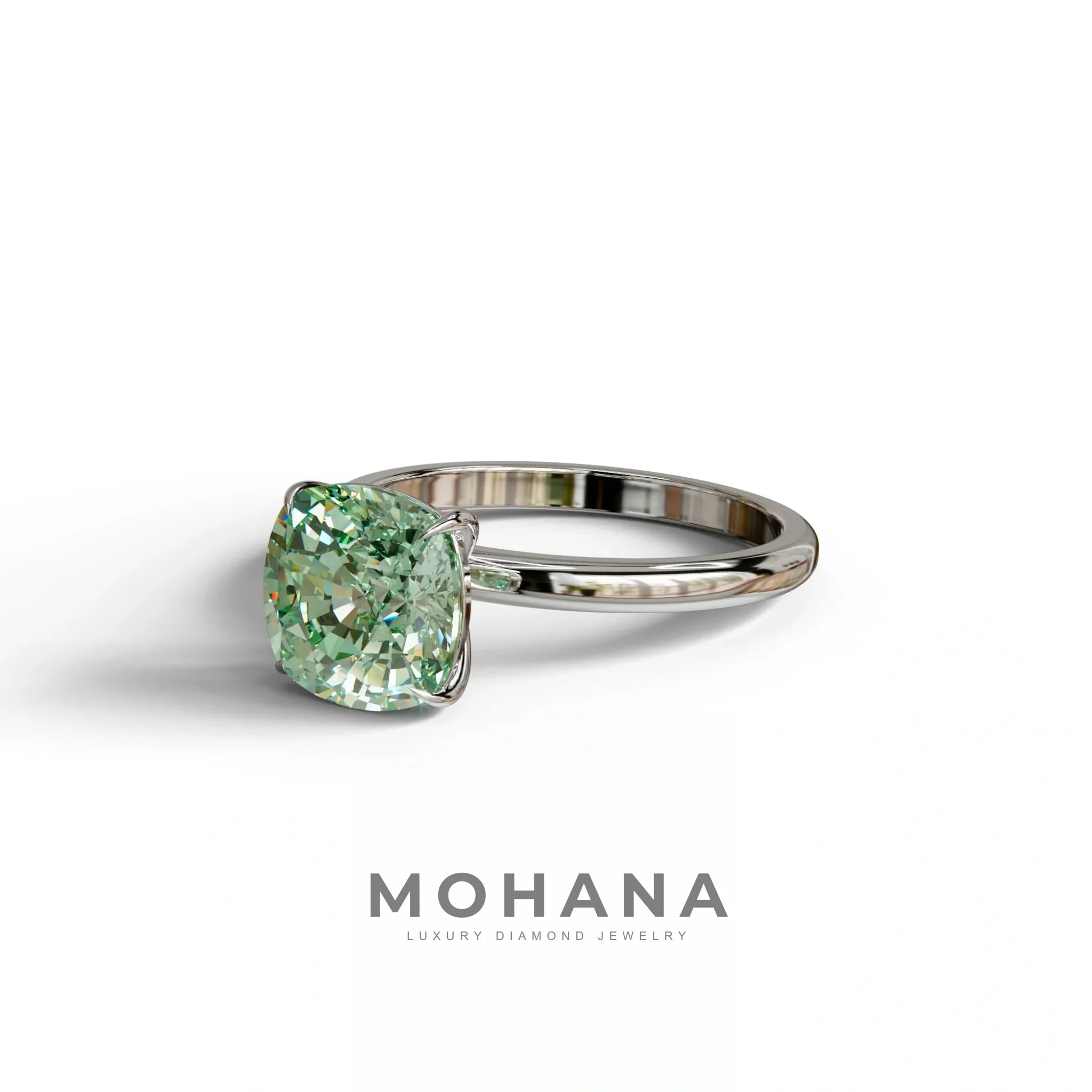 Green Cushion Cut Solitaire Lab Grown Diamond Engagement Ring - Mesmera
