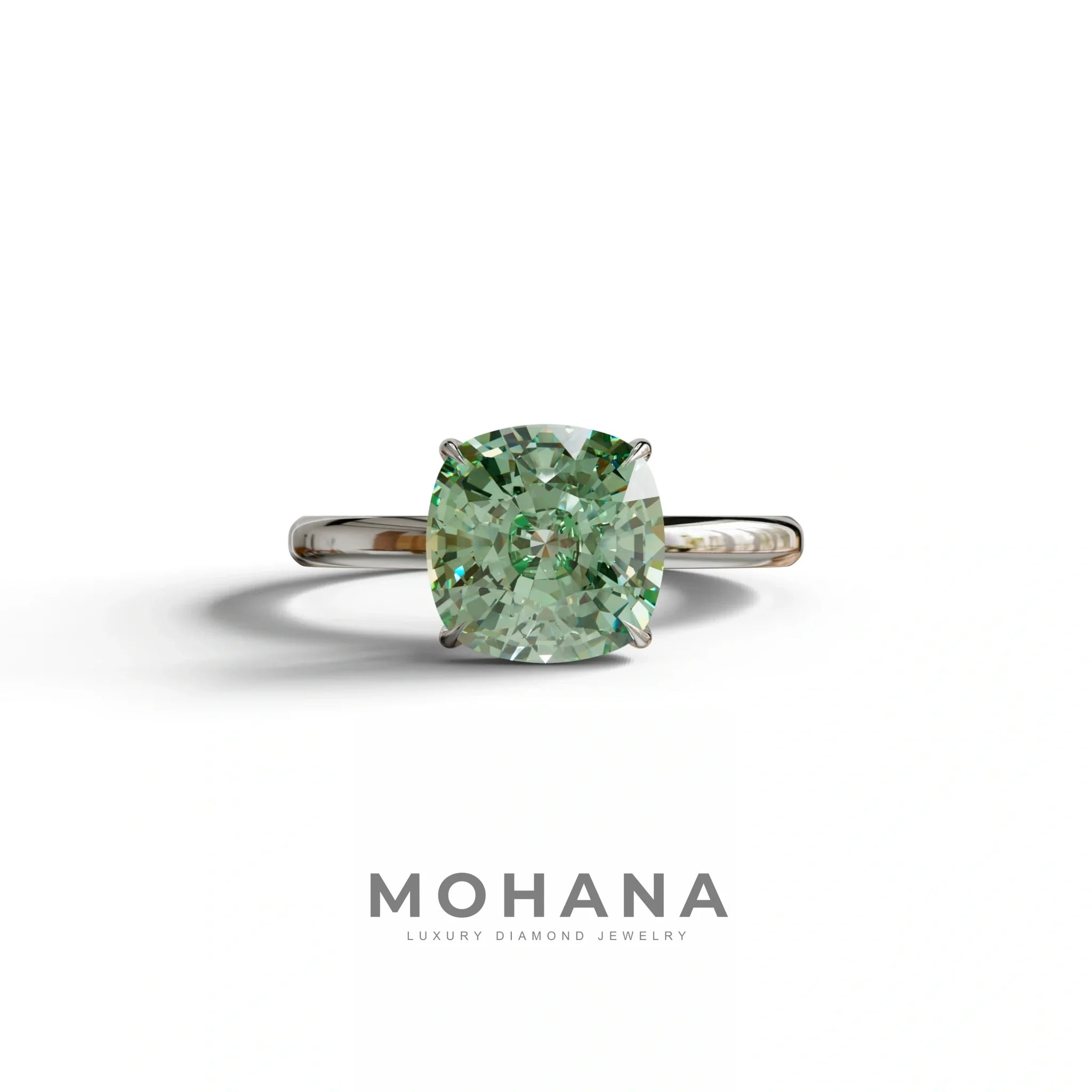 Green Cushion Cut Solitaire Lab Grown Diamond Engagement Ring - Mesmera - 2 Carat / 10K Solid Gold / White Gold