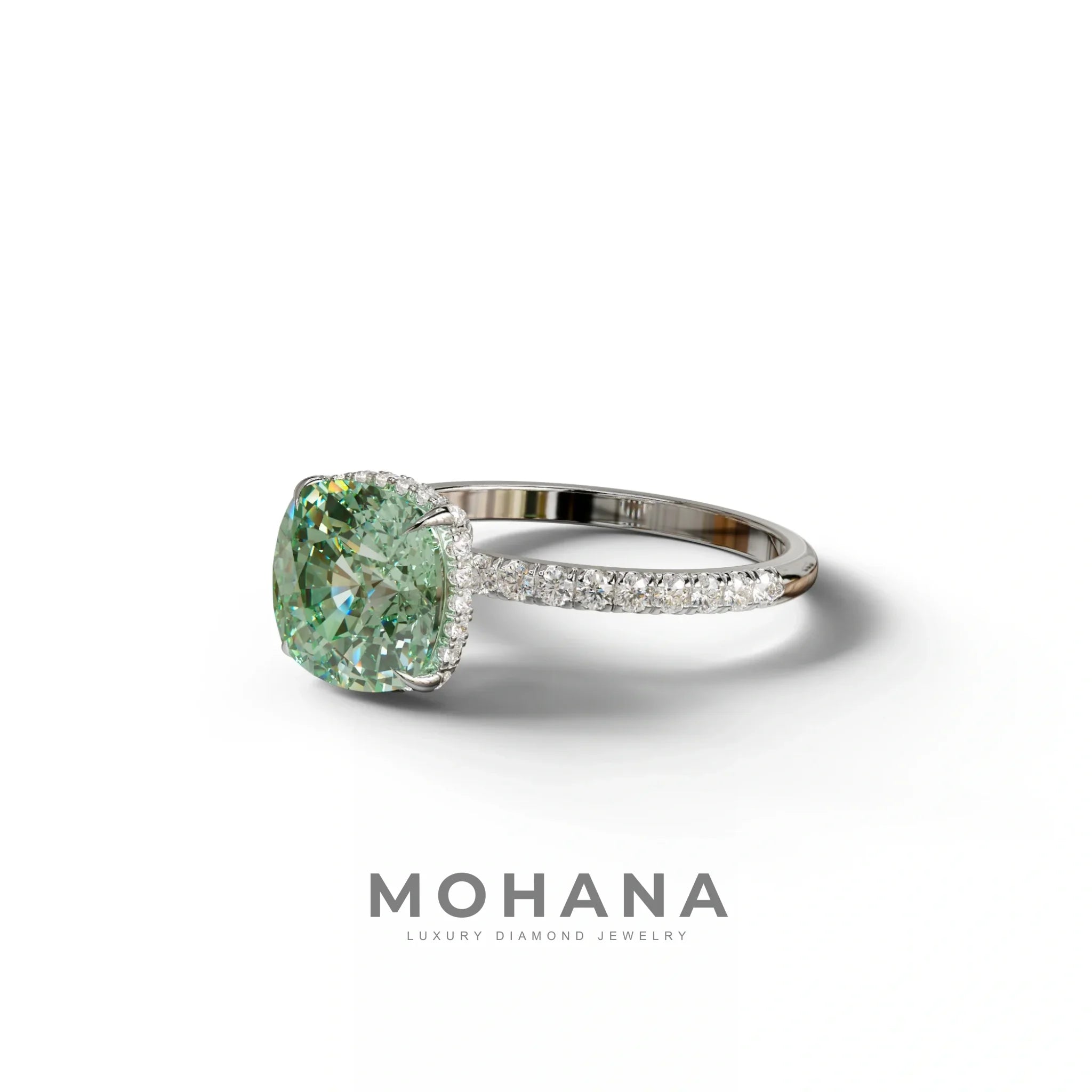 2.5 Carat Green Cushion Cut Hidden Halo & Pave Lab Grown Diamond Ring