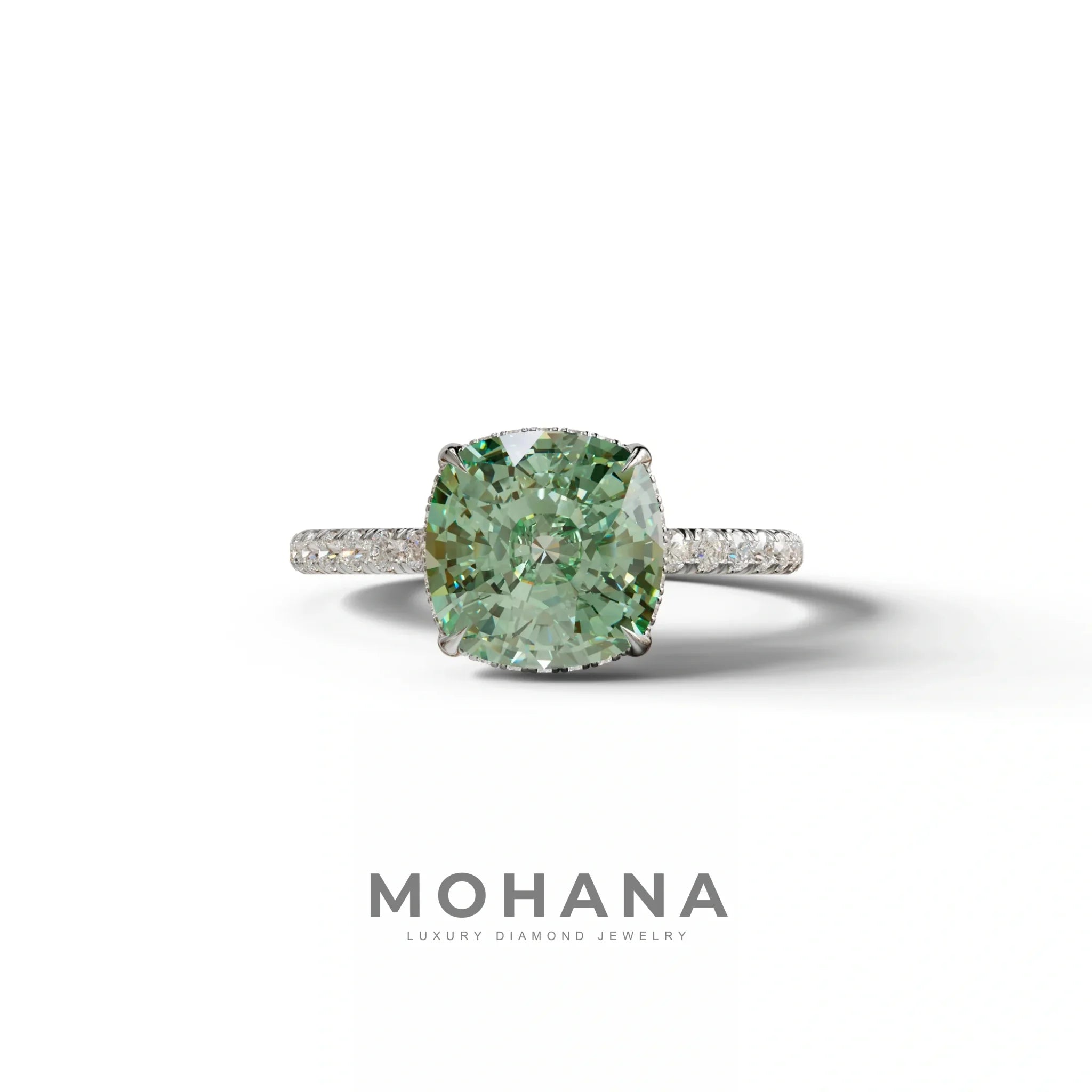 2.5 Carat Green Cushion Cut Hidden Halo & Pave Lab Grown Diamond Ring - 10K Solid Gold / White Gold