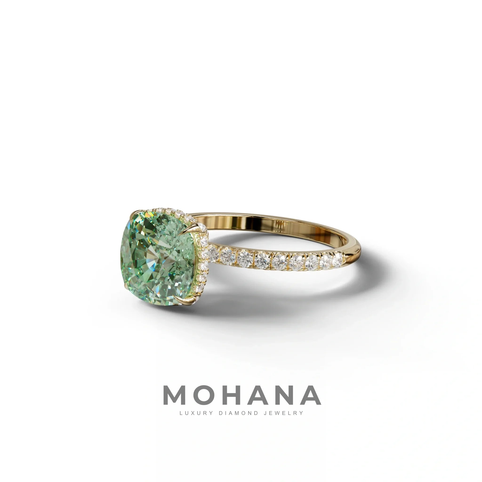 2.5 Carat Green Cushion Cut Hidden Halo & Pave Lab Grown Diamond Ring