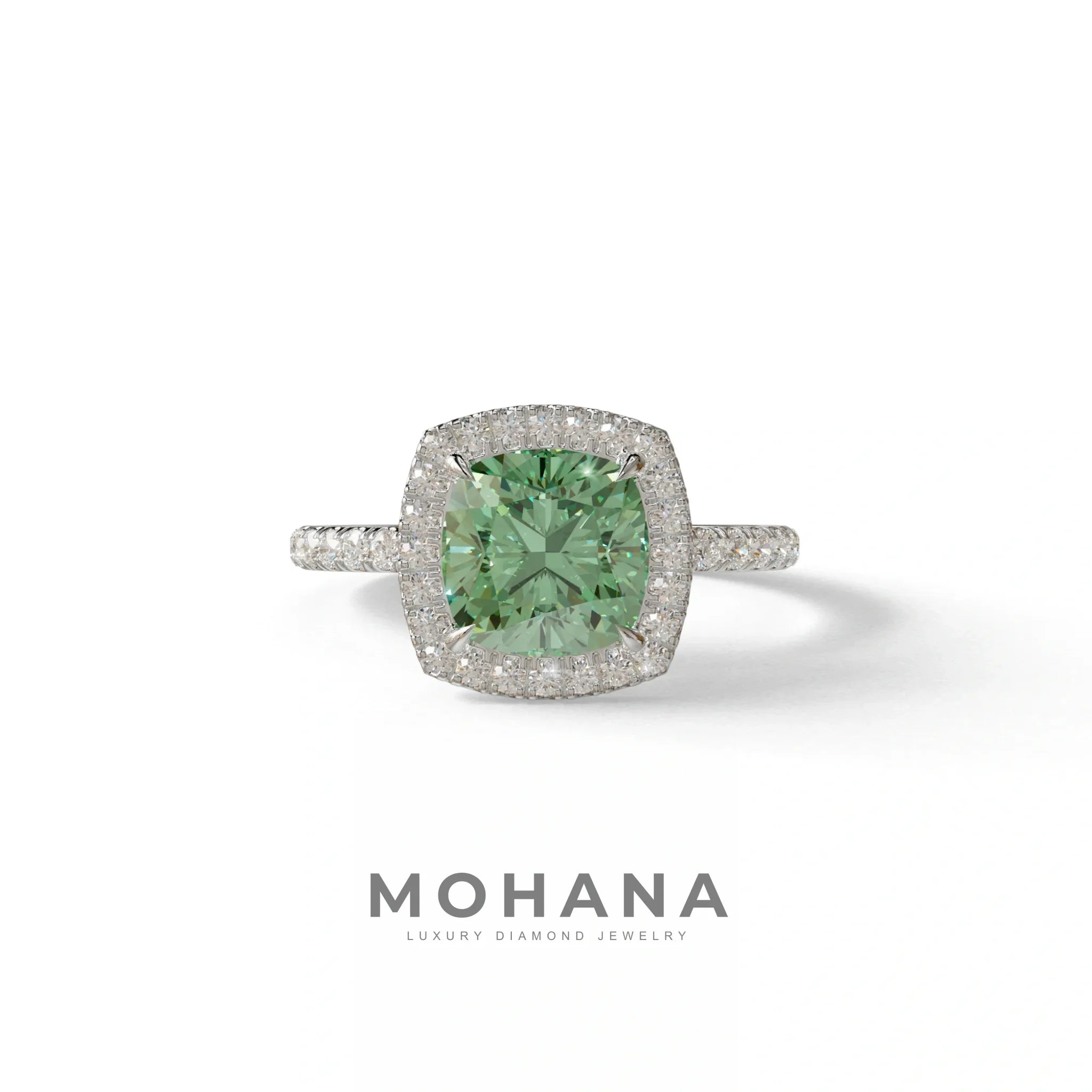 Green Cushion Cut Halo & Pave Lab Grown Diamond Engagement Ring - Rosa - 2 Carat / 10K Solid Gold / White Gold