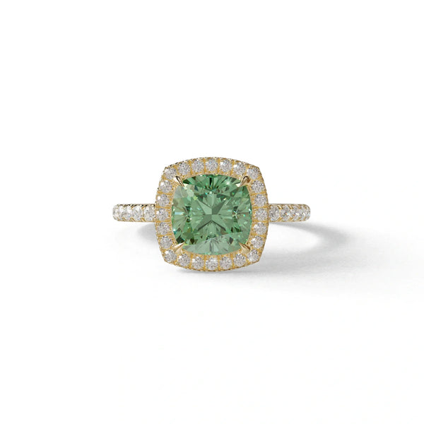 2 to 5 Carat Green Lab Grown Diamond Engagement Ring – Cushion Cut Halo & Pavé | Rosa