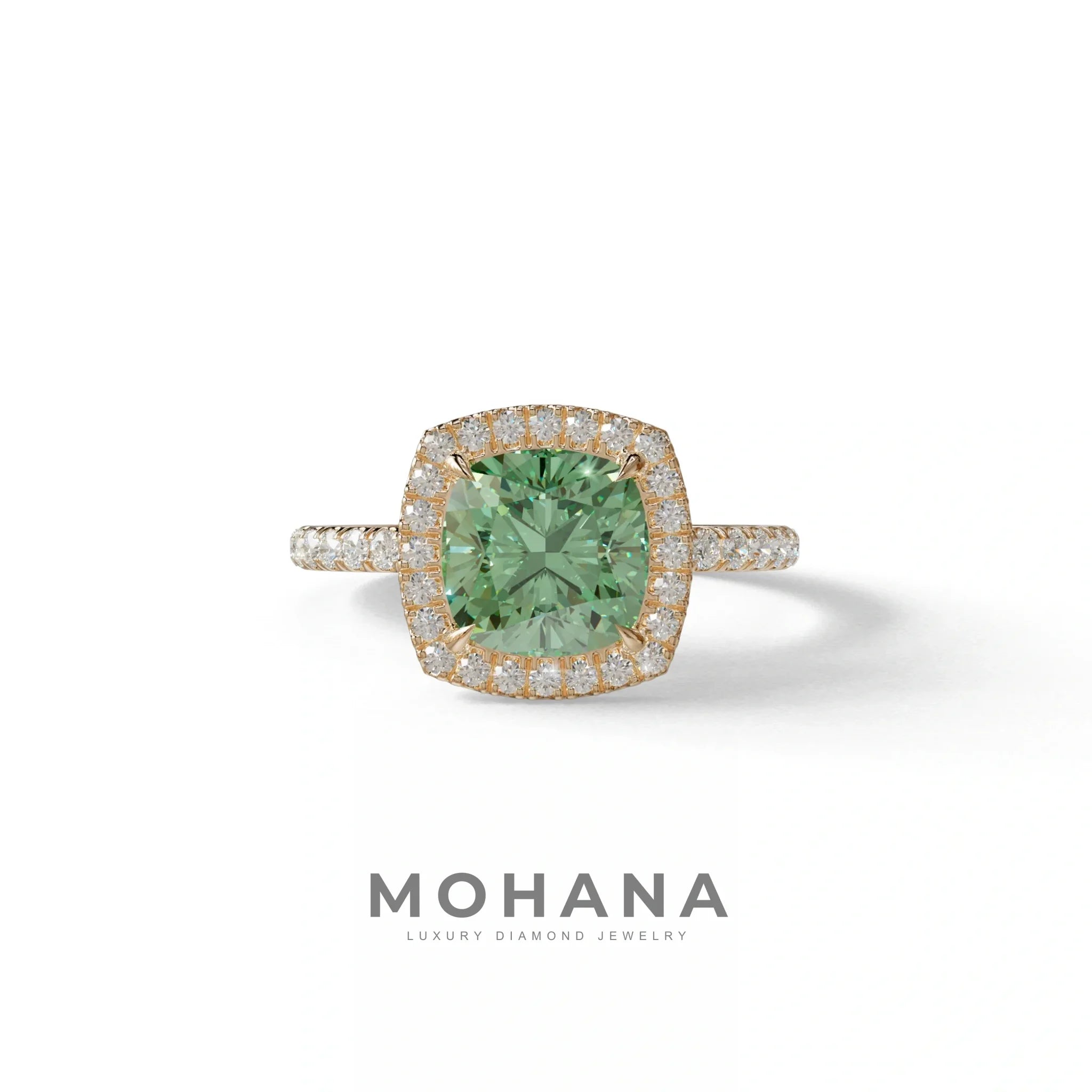 Green Cushion Cut Halo & Pave Lab Grown Diamond Engagement Ring - Rosa - 2 Carat / 10K Solid Gold / Rose Gold