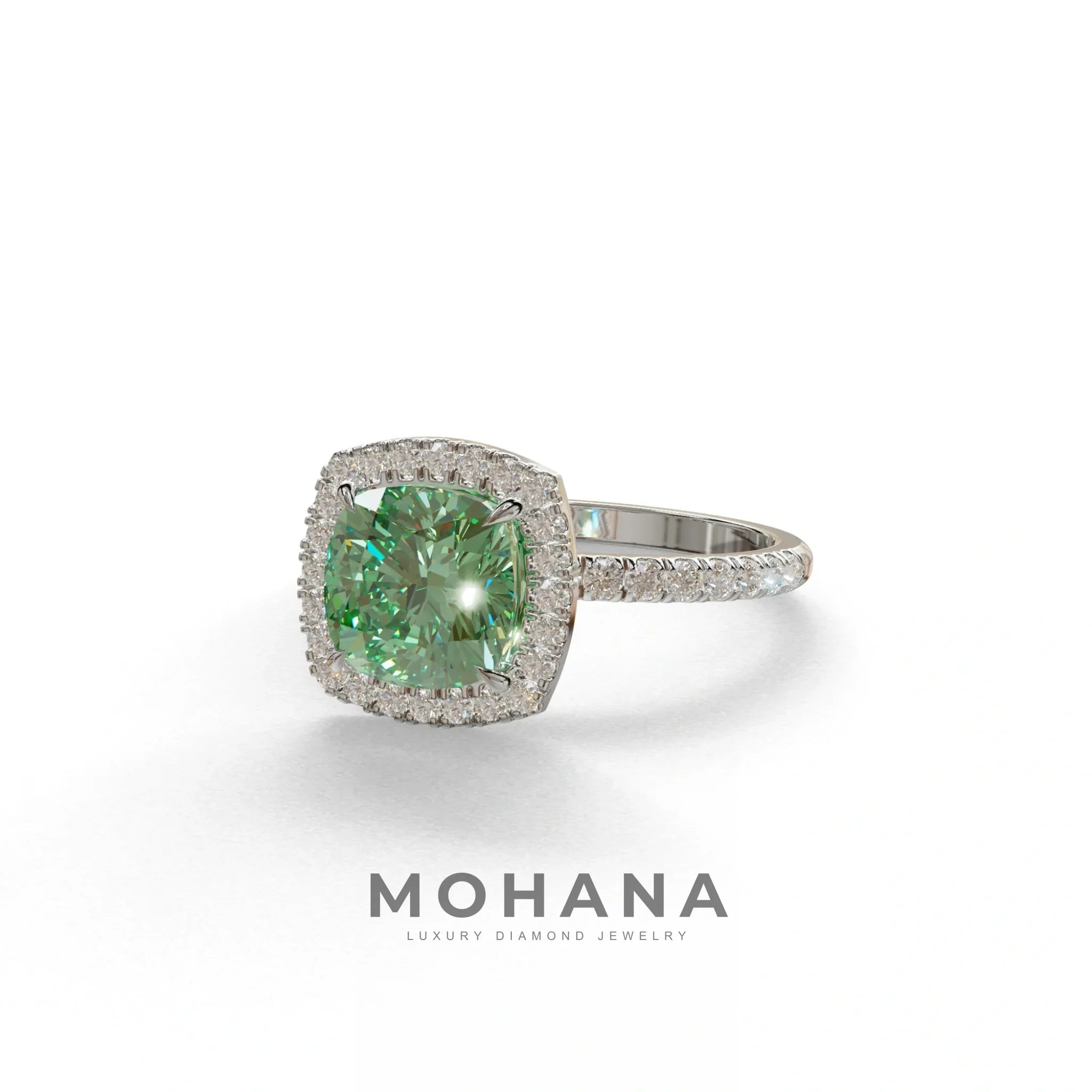Green Cushion Cut Halo & Pave Lab Grown Diamond Engagement Ring - Rosa