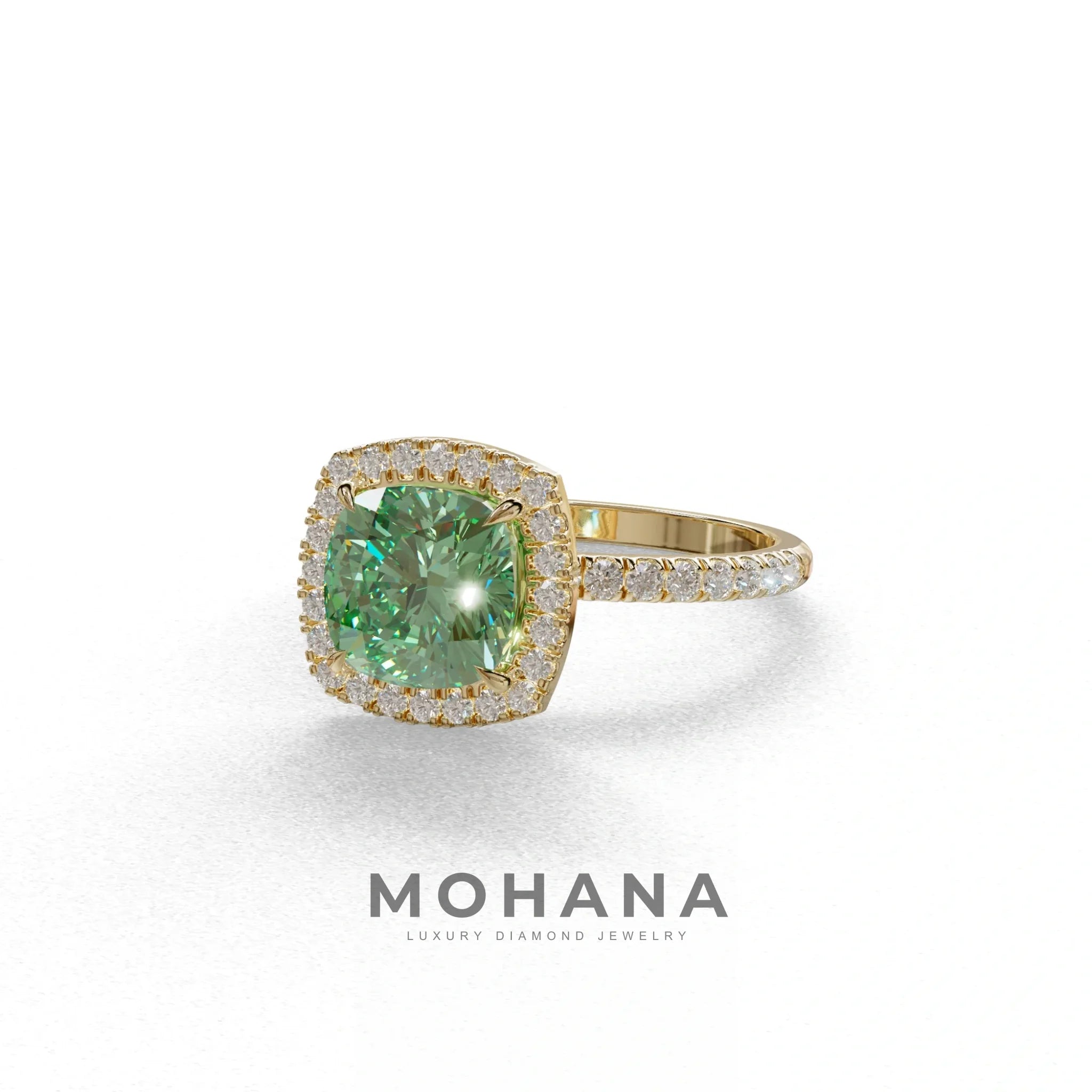 Green Cushion Cut Halo & Pave Lab Grown Diamond Engagement Ring - Rosa