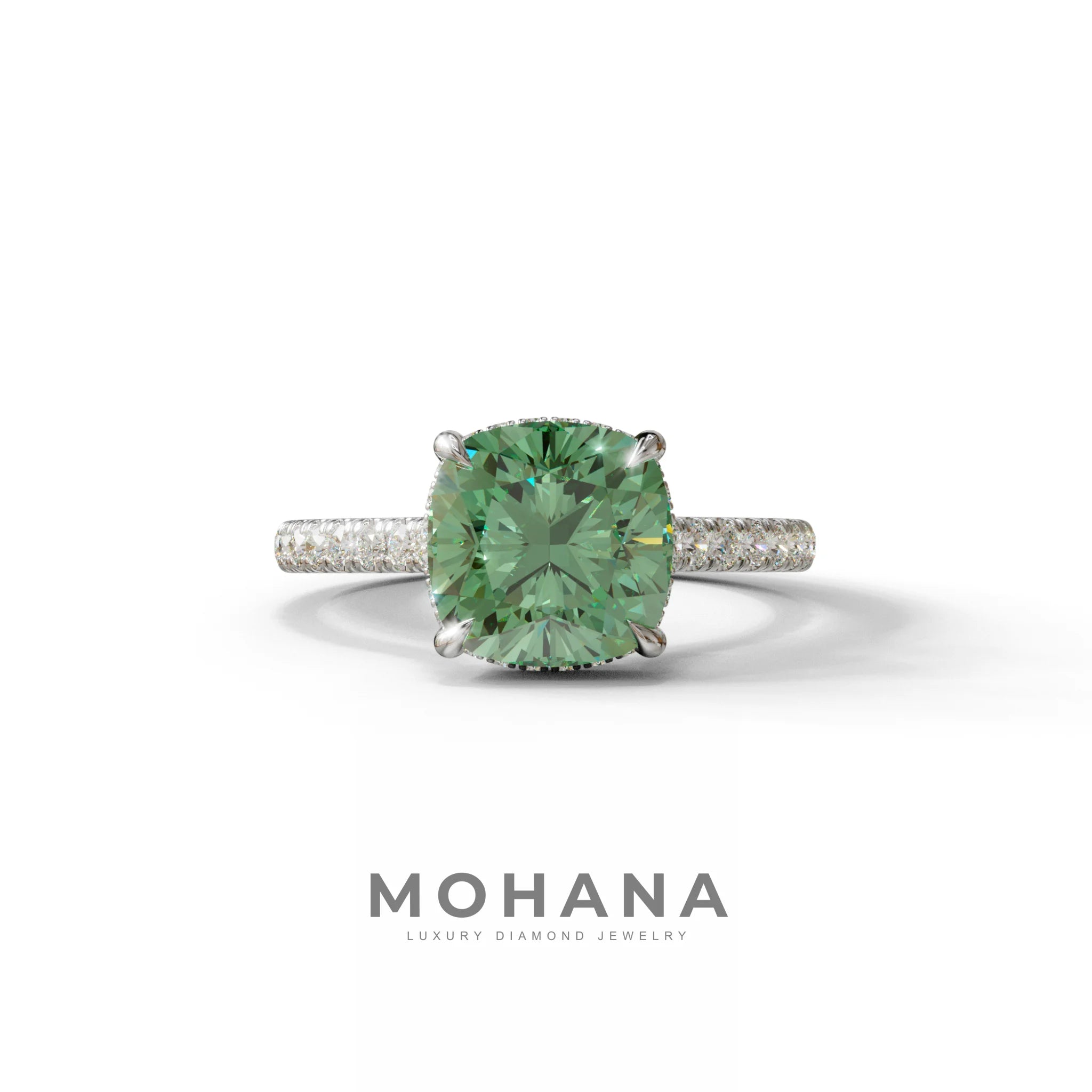 2.5 Carat Green Cushion Cut Hidden Halo & Pave Lab Diamond Ring - Éblouissant - 10K Solid Gold / White Gold