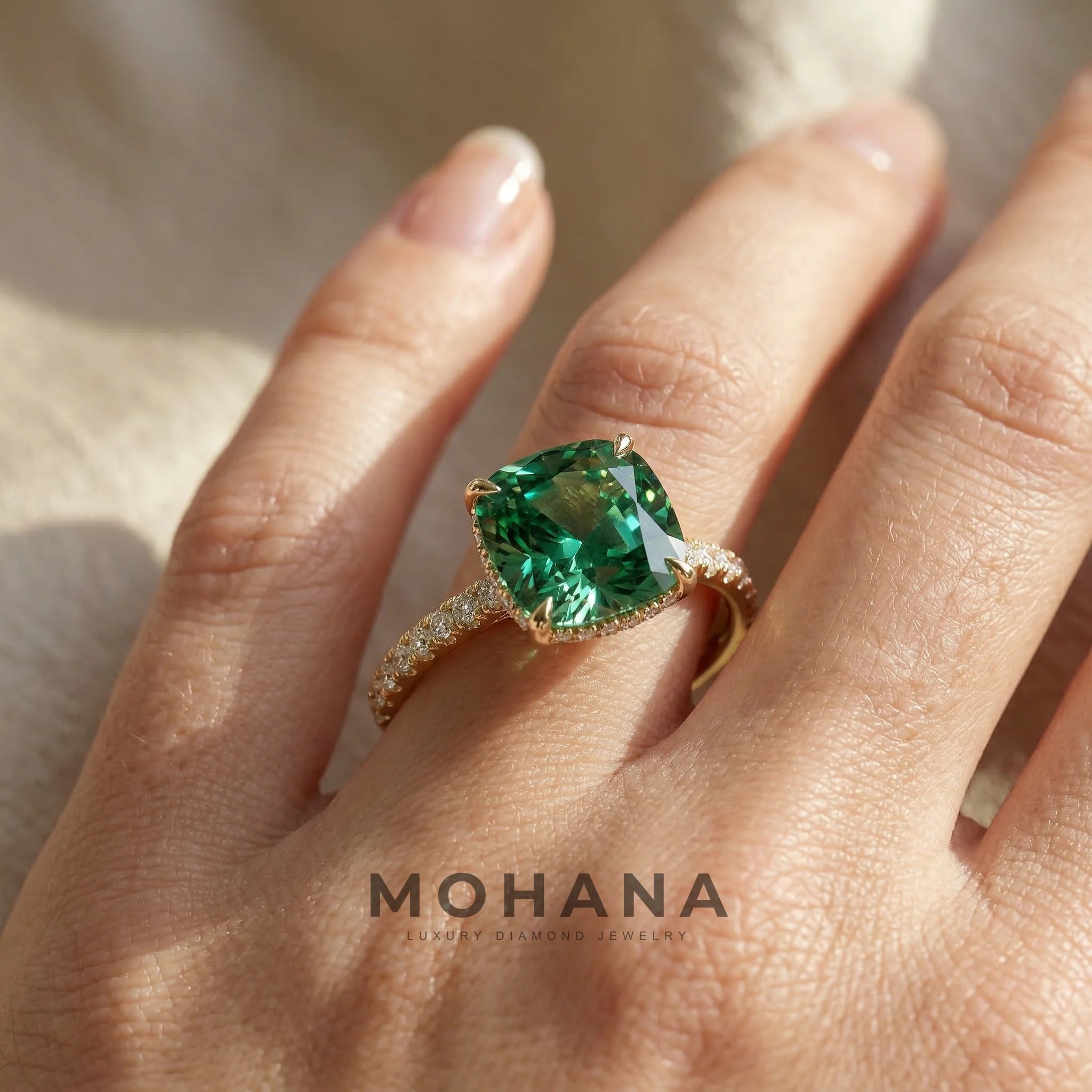 2.5 Carat Green Cushion Cut Lab Grown Diamond Hidden Halo Pave Engagement Ring Eblouissant