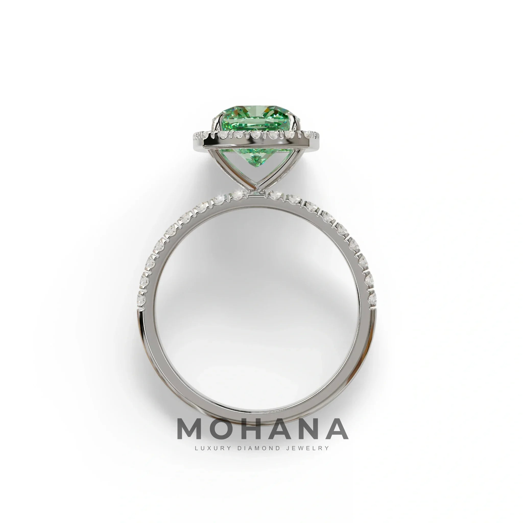 Green Cushion Cut Halo & Pave Lab Grown Diamond Engagement Ring - Rosa