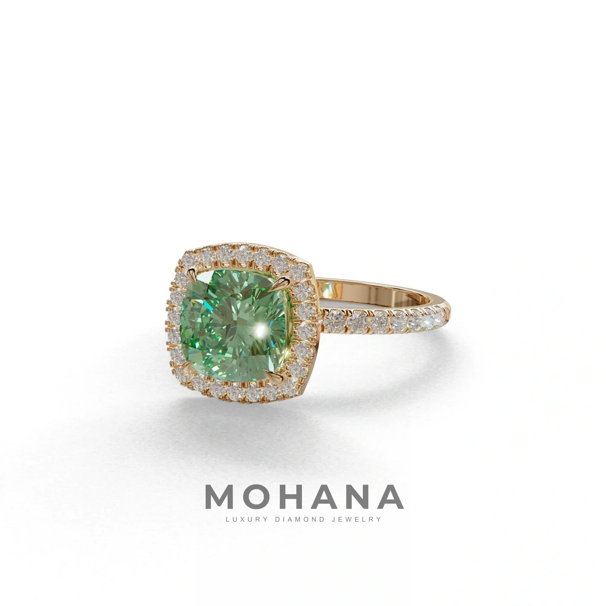 Green Cushion Cut Halo & Pave Lab Grown Diamond Engagement Ring - Rosa