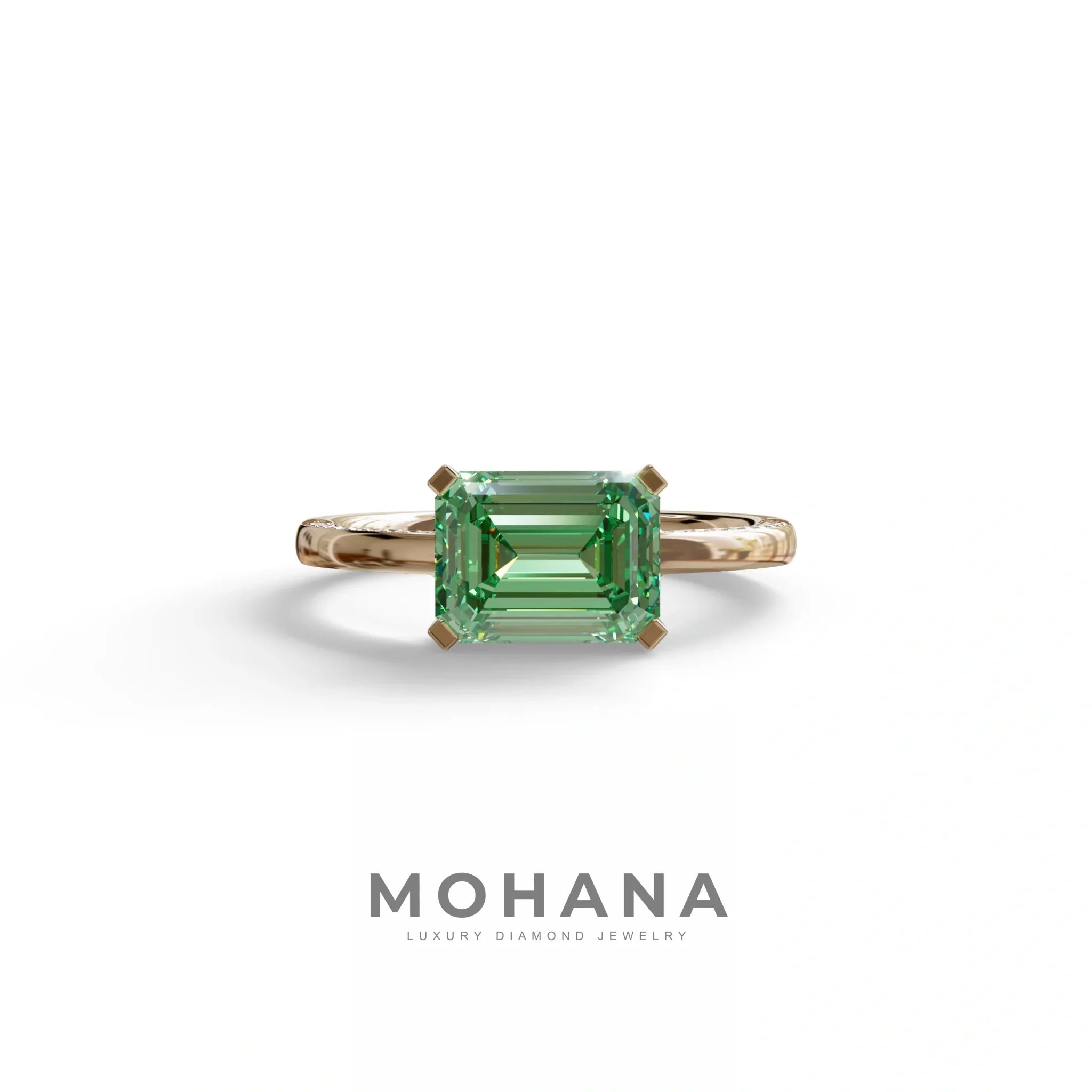 2.5 Ct Fancy Vivid Green Emerald Cut Lab Diamond In Pave-Chanel Setting Ring - Qiqi - 10K Solid Gold / Rose Gold