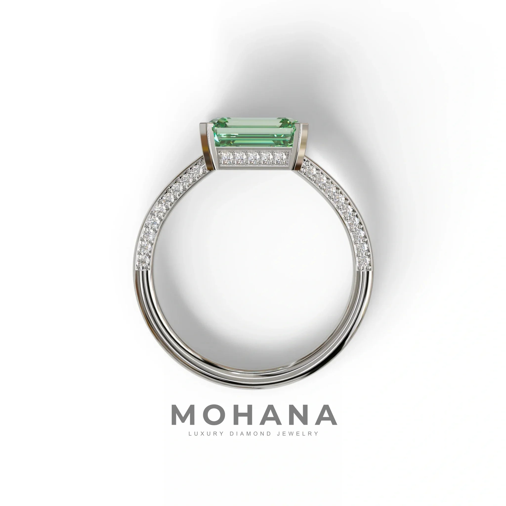 2.5 Ct Fancy Vivid Green Emerald Cut Lab Diamond In Pave-Chanel Setting Ring - Qiqi
