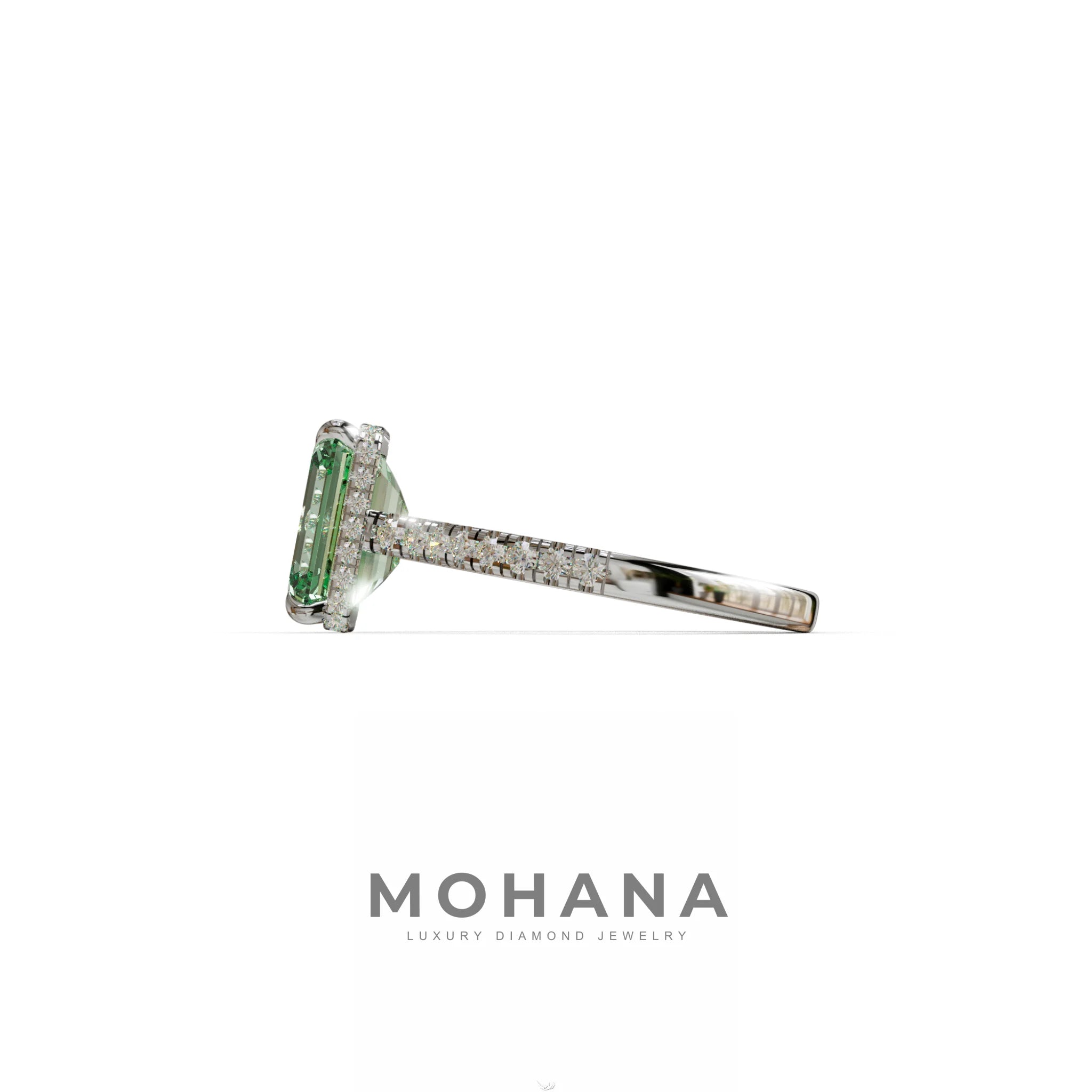 2.5 Ct Green Emerald Cut Lab Diamond In Hidden Halo & Pave Setting Ring - Siena
