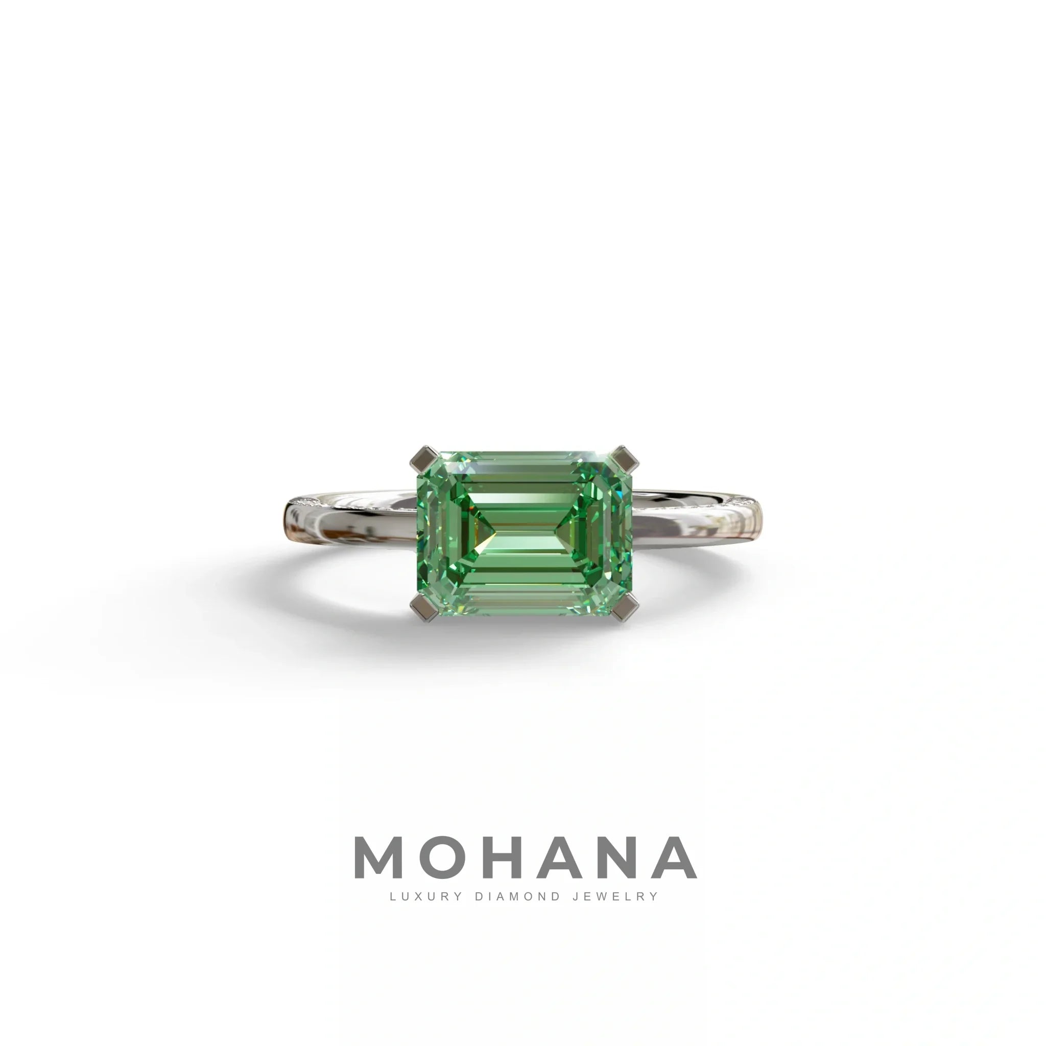 2.5 Ct Fancy Vivid Green Emerald Cut Lab Diamond In Pave-Chanel Setting Ring - Qiqi - 10K Solid Gold / White Gold