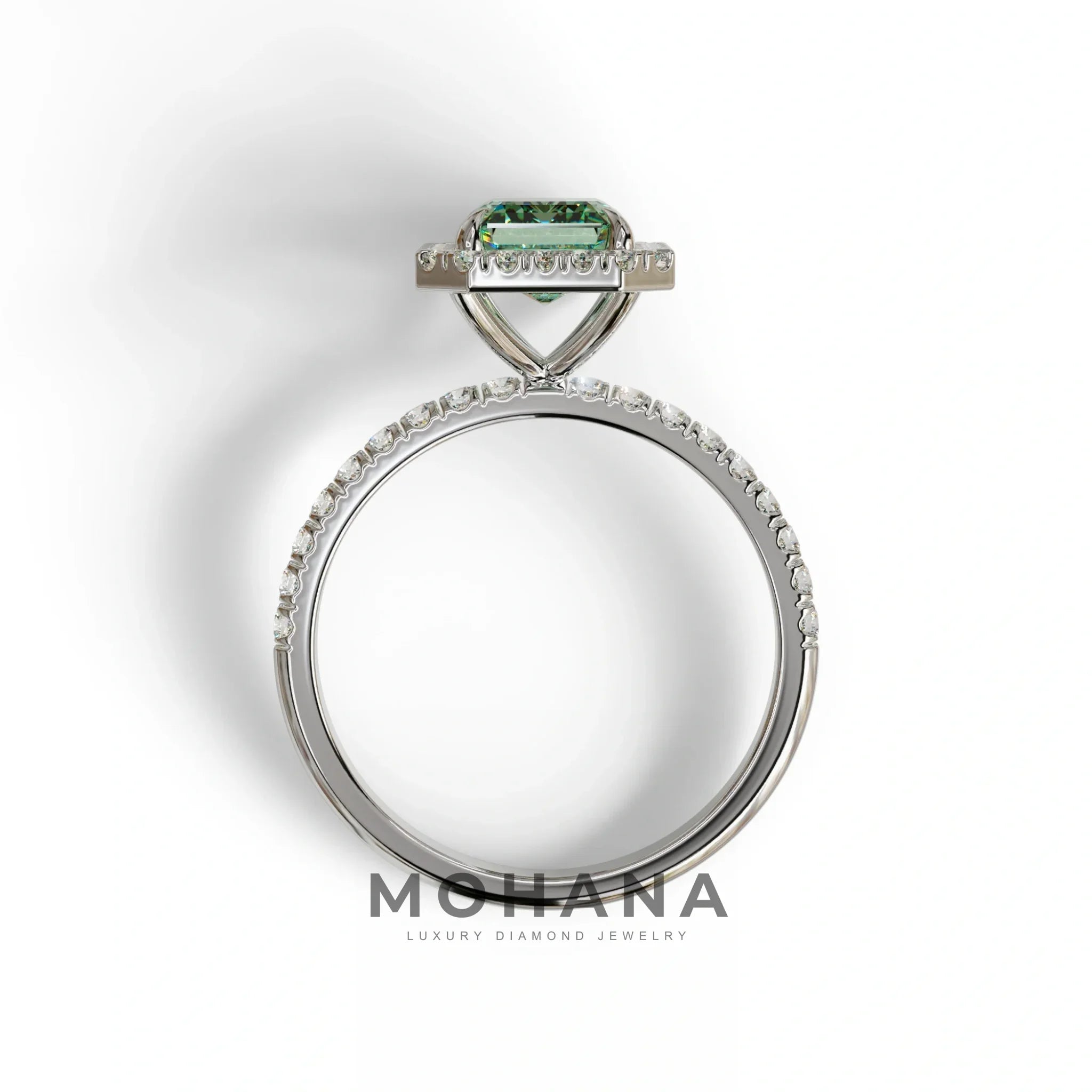 Green Emerald Cut Halo & Pave Lab Grown Diamond Engagement Ring - Viola