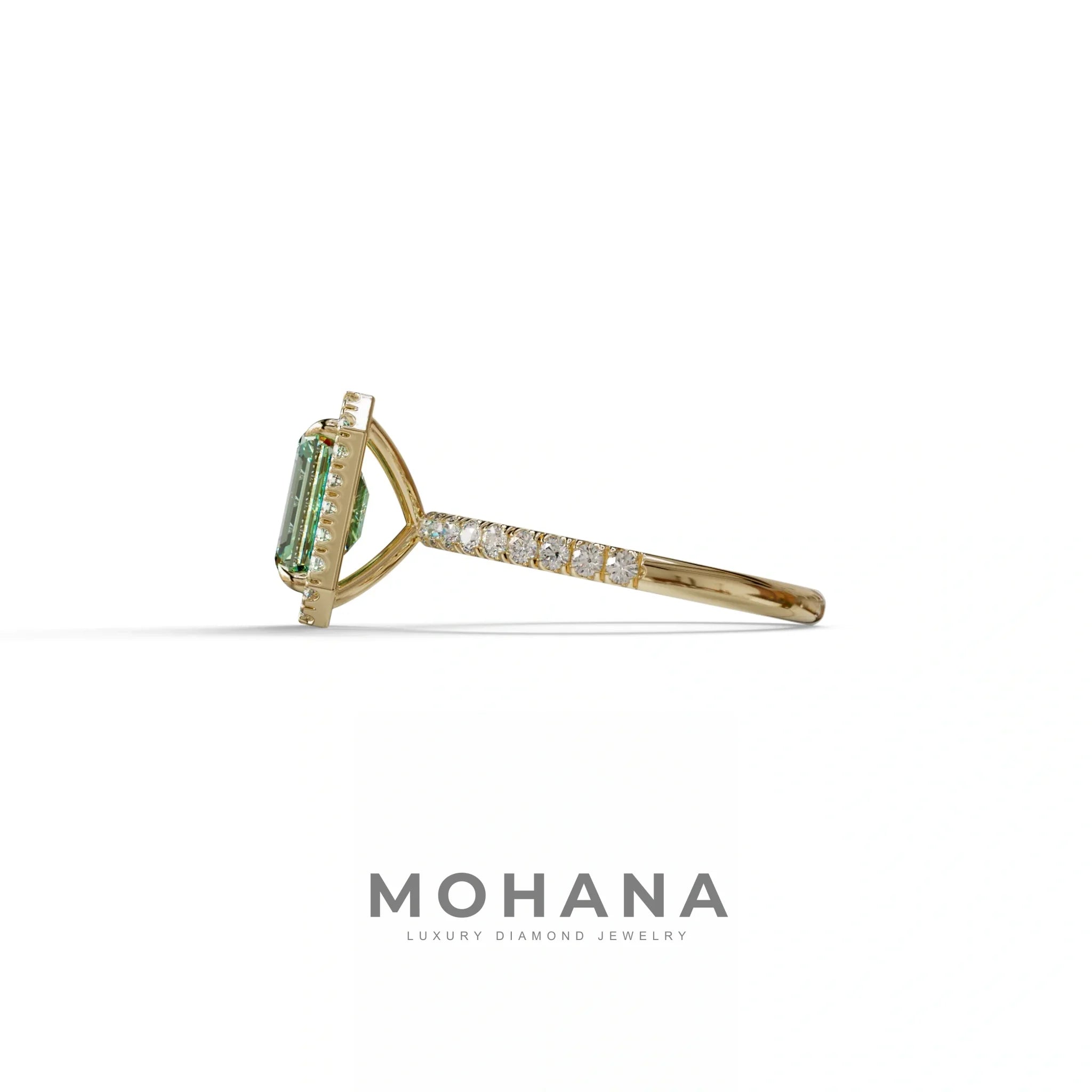Green Emerald Cut Halo & Pave Lab Grown Diamond Engagement Ring - Viola
