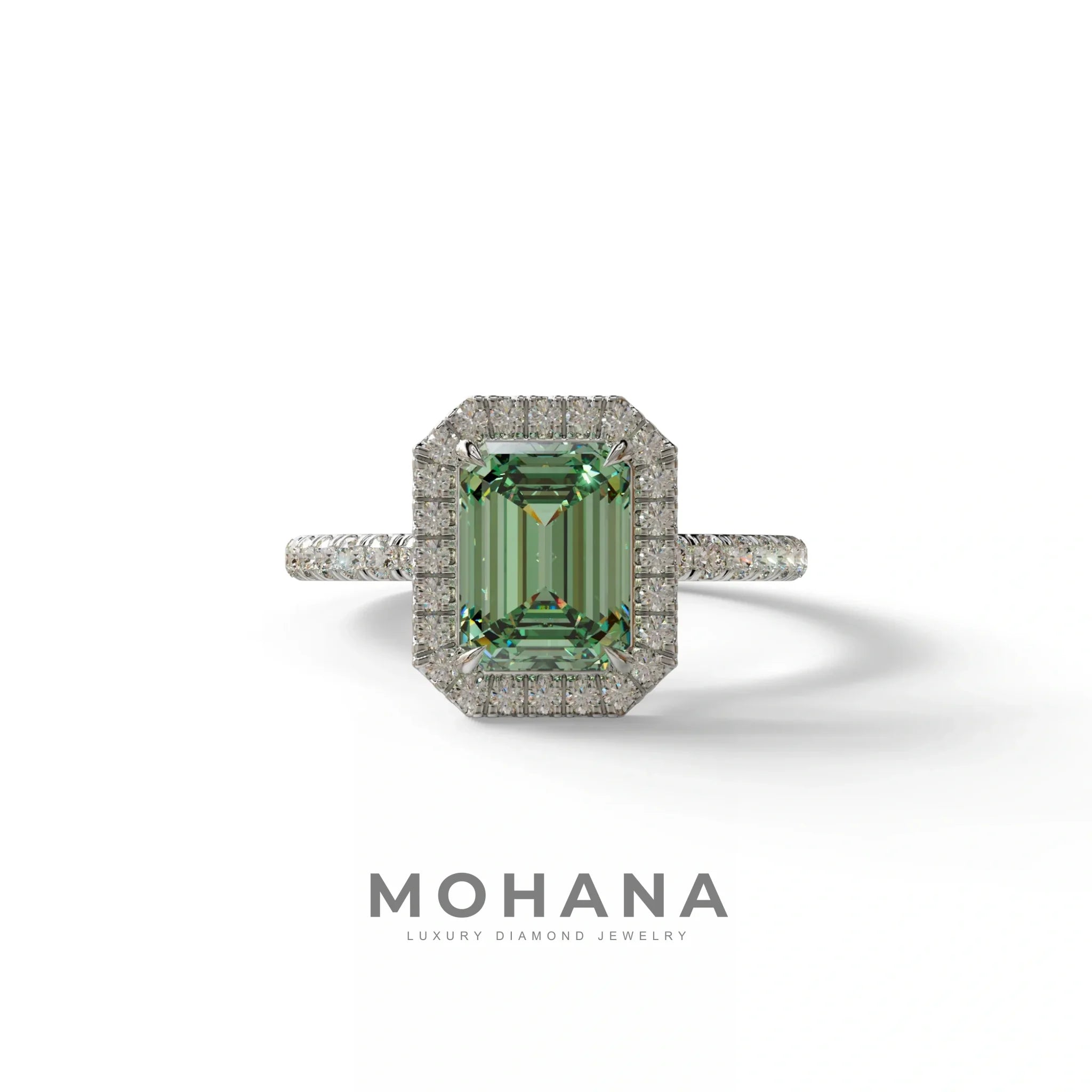 Green Emerald Cut Halo & Pave Lab Grown Diamond Engagement Ring - Viola - 2 Carat / 10K Solid Gold / White Gold