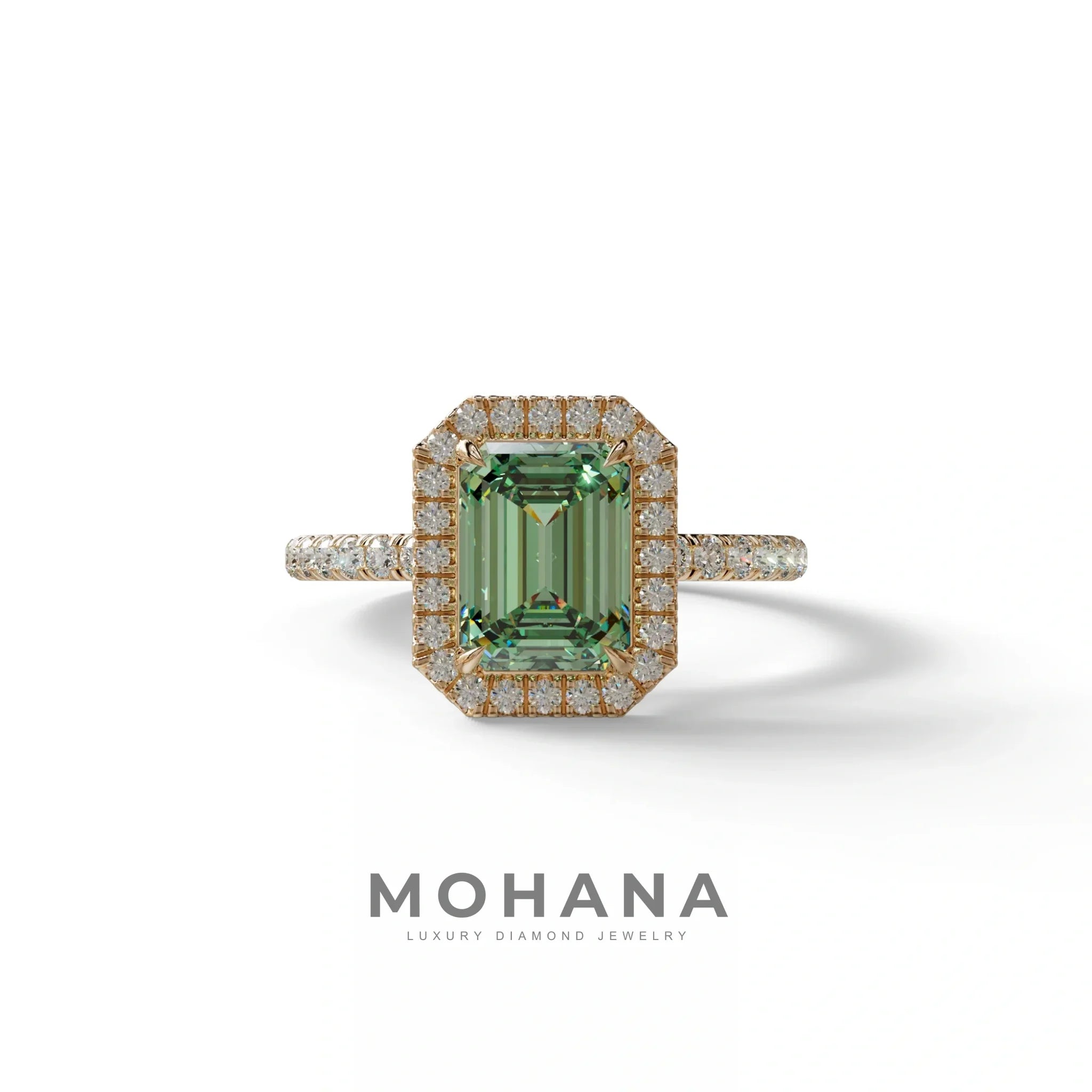 Green Emerald Cut Halo & Pave Lab Grown Diamond Engagement Ring - Viola - 2 Carat / 10K Solid Gold / Rose Gold