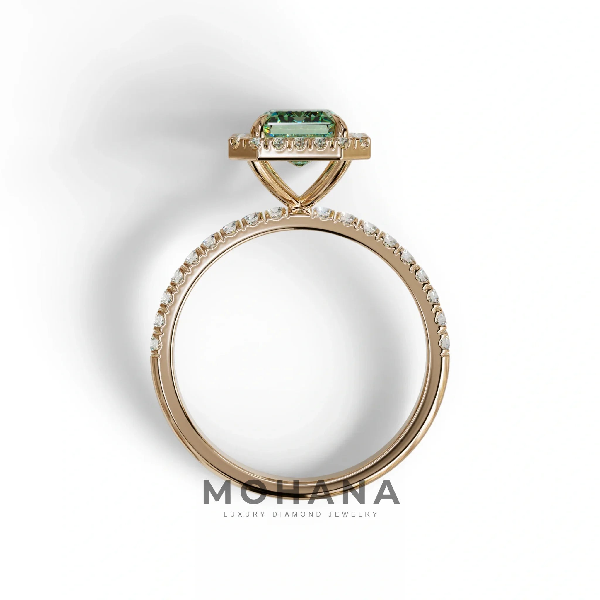 Green Emerald Cut Halo & Pave Lab Grown Diamond Engagement Ring - Viola