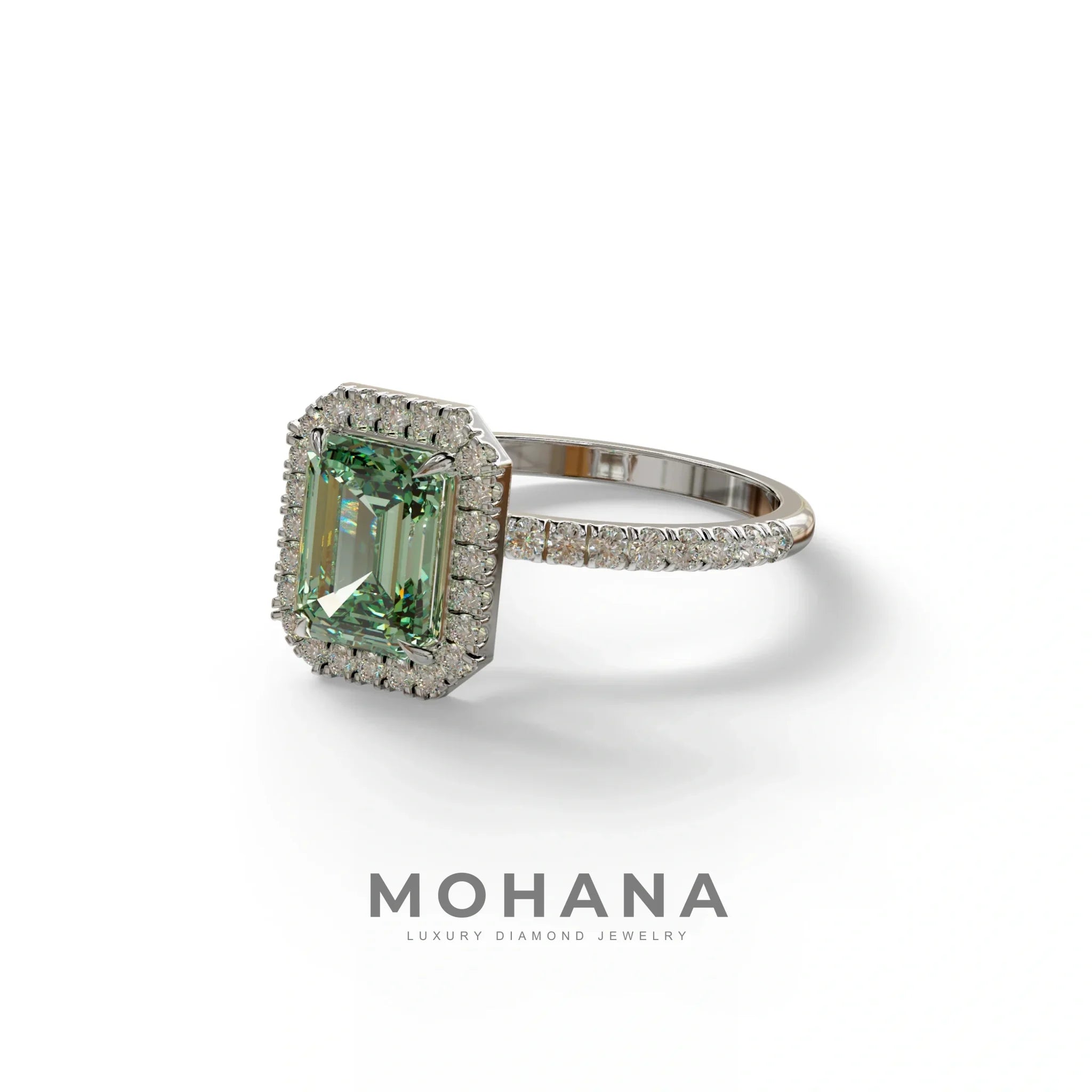 Green Emerald Cut Halo & Pave Lab Grown Diamond Engagement Ring - Viola