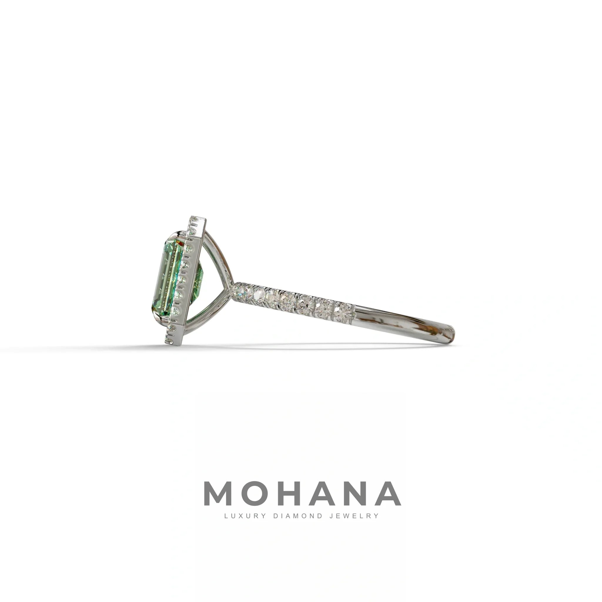 Green Emerald Cut Halo & Pave Lab Grown Diamond Engagement Ring - Viola