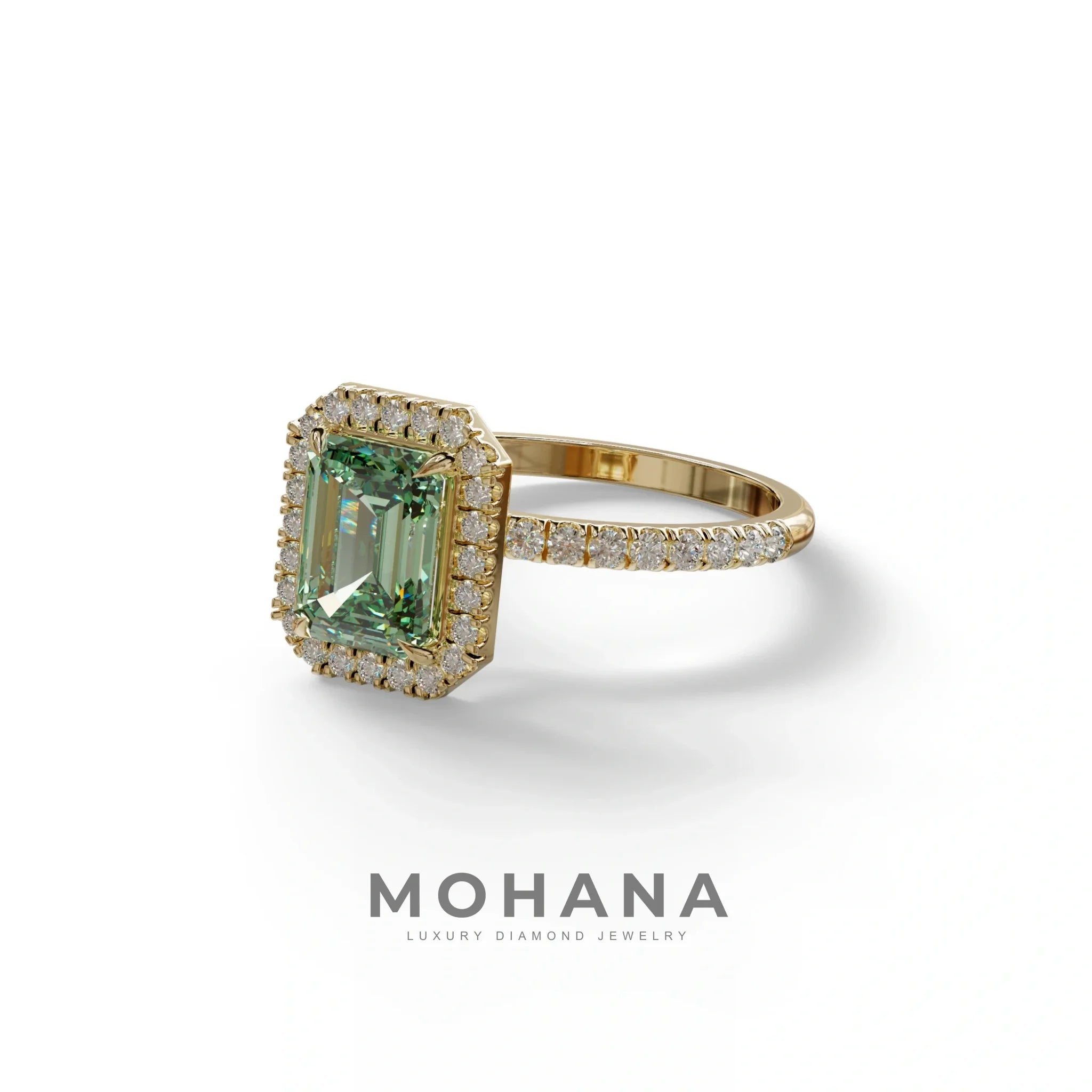 Green Emerald Cut Halo & Pave Lab Grown Diamond Engagement Ring - Viola
