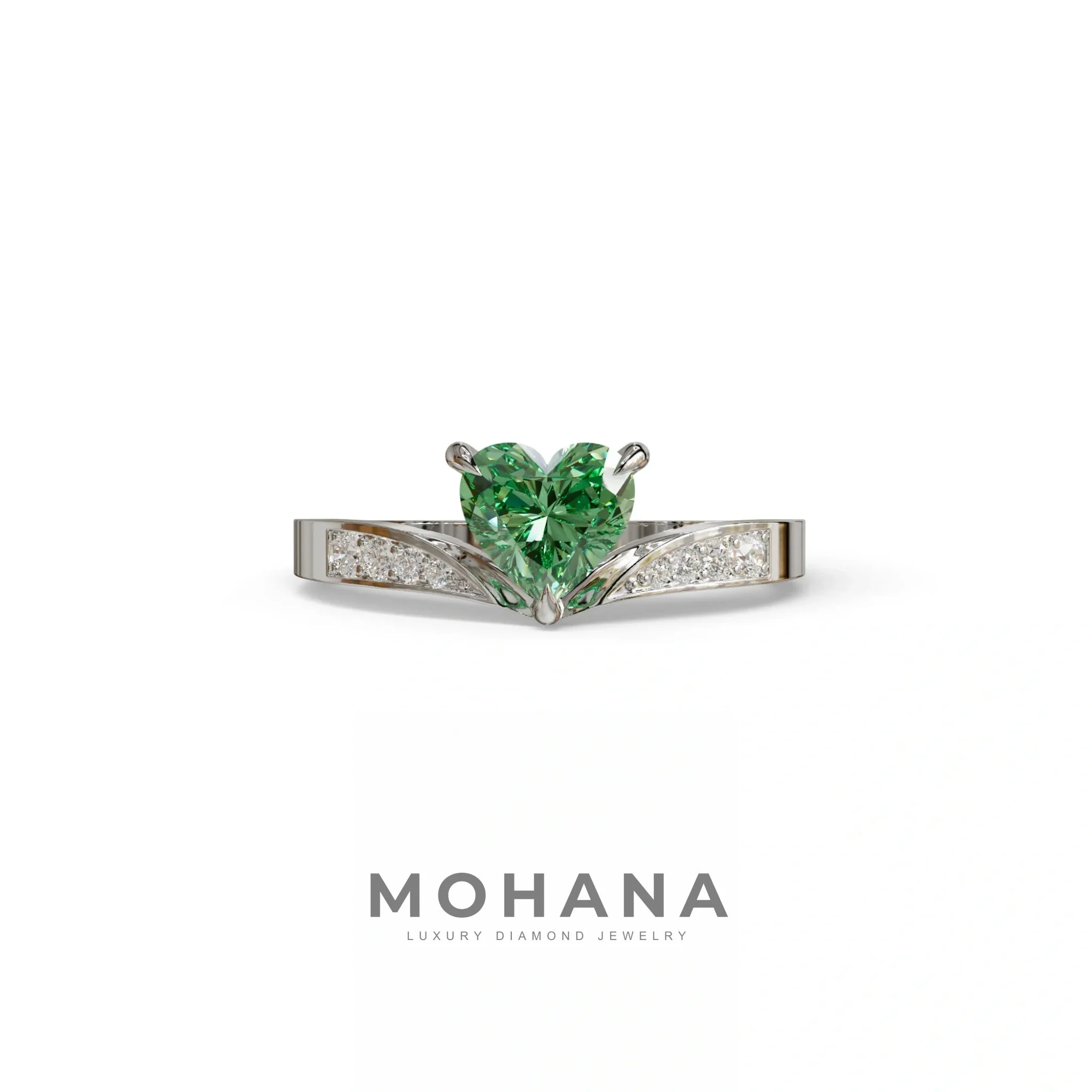 Green Heart Shape Lab Grown Diamond Engagement Ring - Moise - 2 Carat / 10K Solid Gold / White Gold