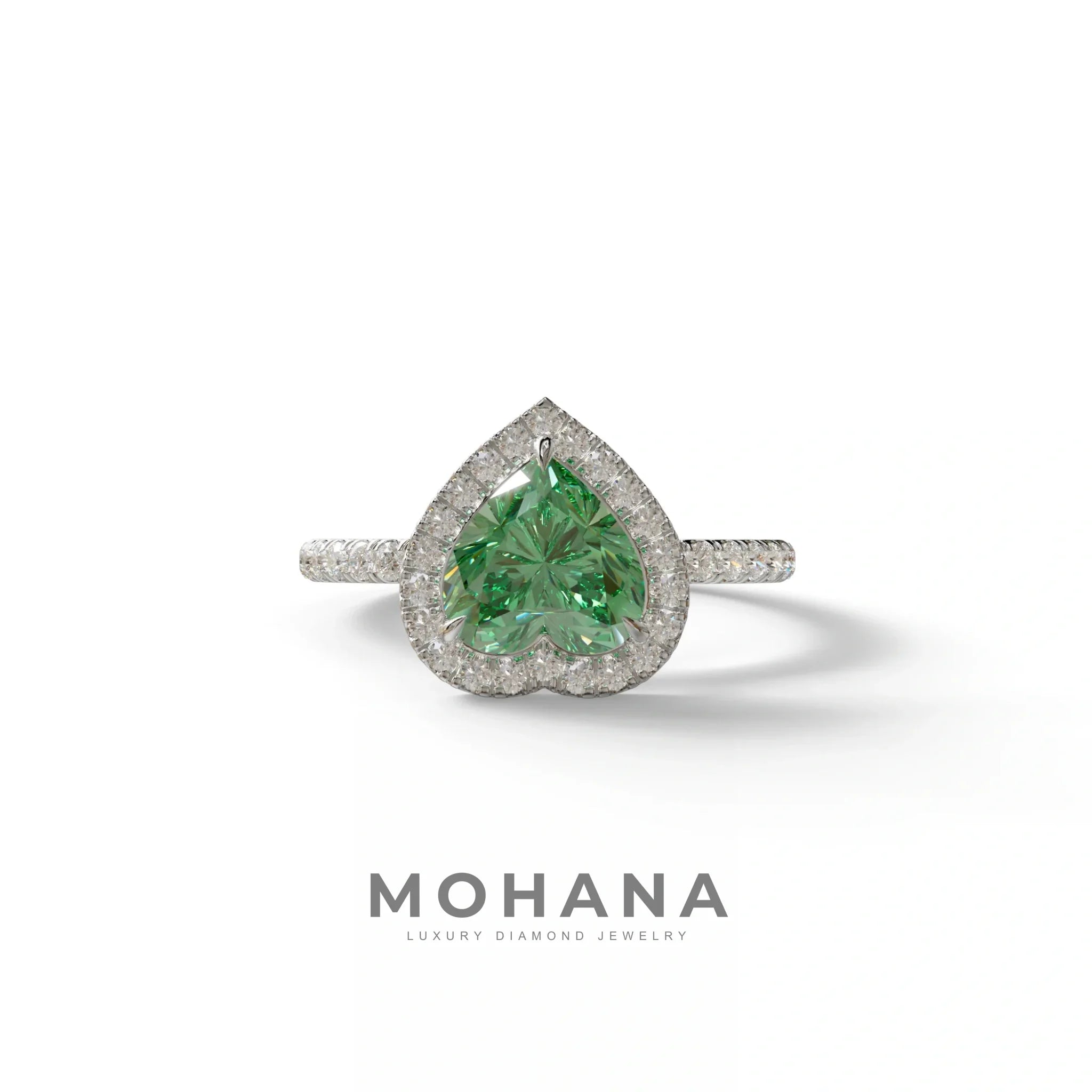 Green Heart Cut Halo & Pavé Lab Grown Diamond Engagement Ring - Gelia - 2 Carat / 10K Solid Gold / White Gold