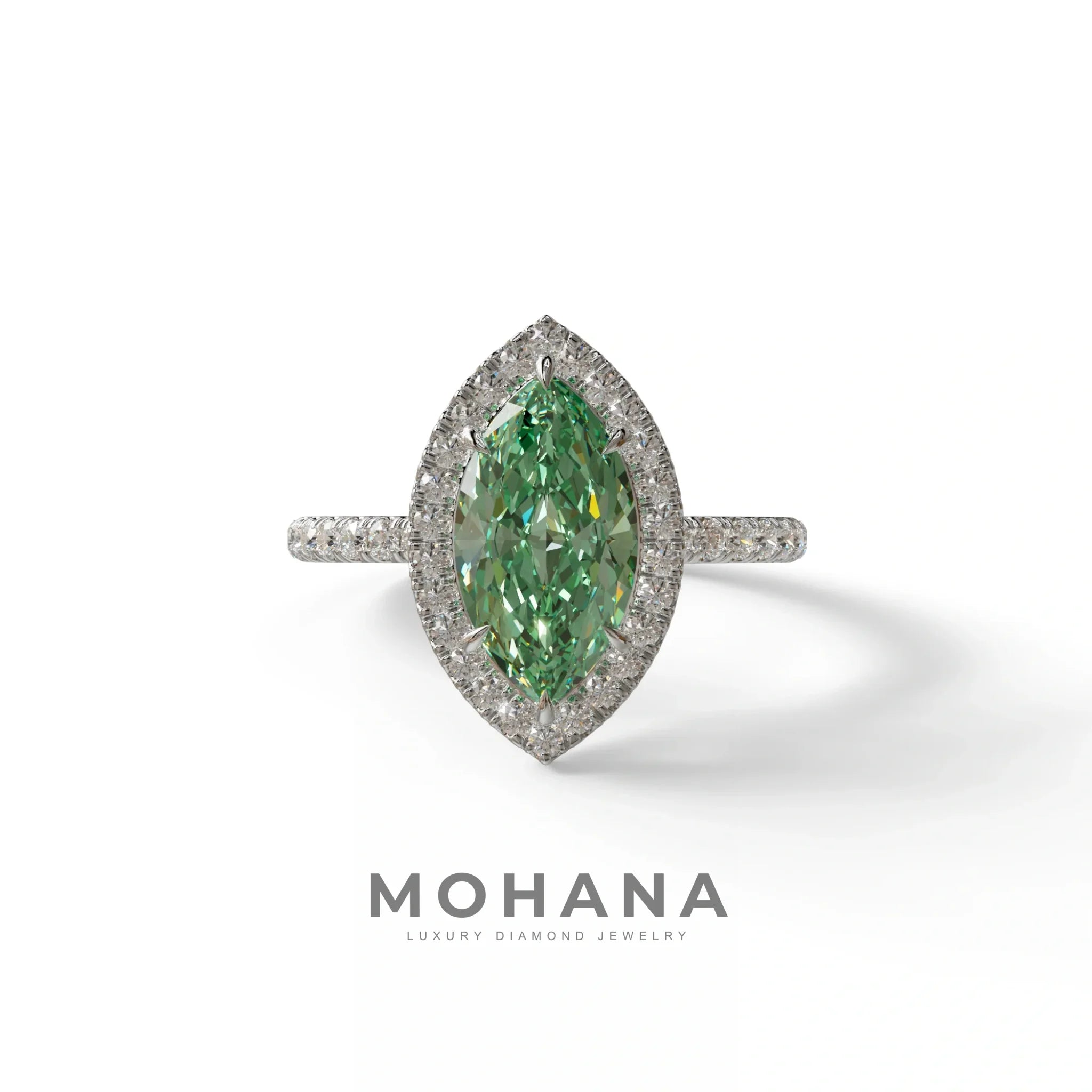 Green Marquise Cut Halo & Pave Lab Grown Diamond Engagement Ring - Simplicity - 2 Carat / 10K Solid Gold / White Gold