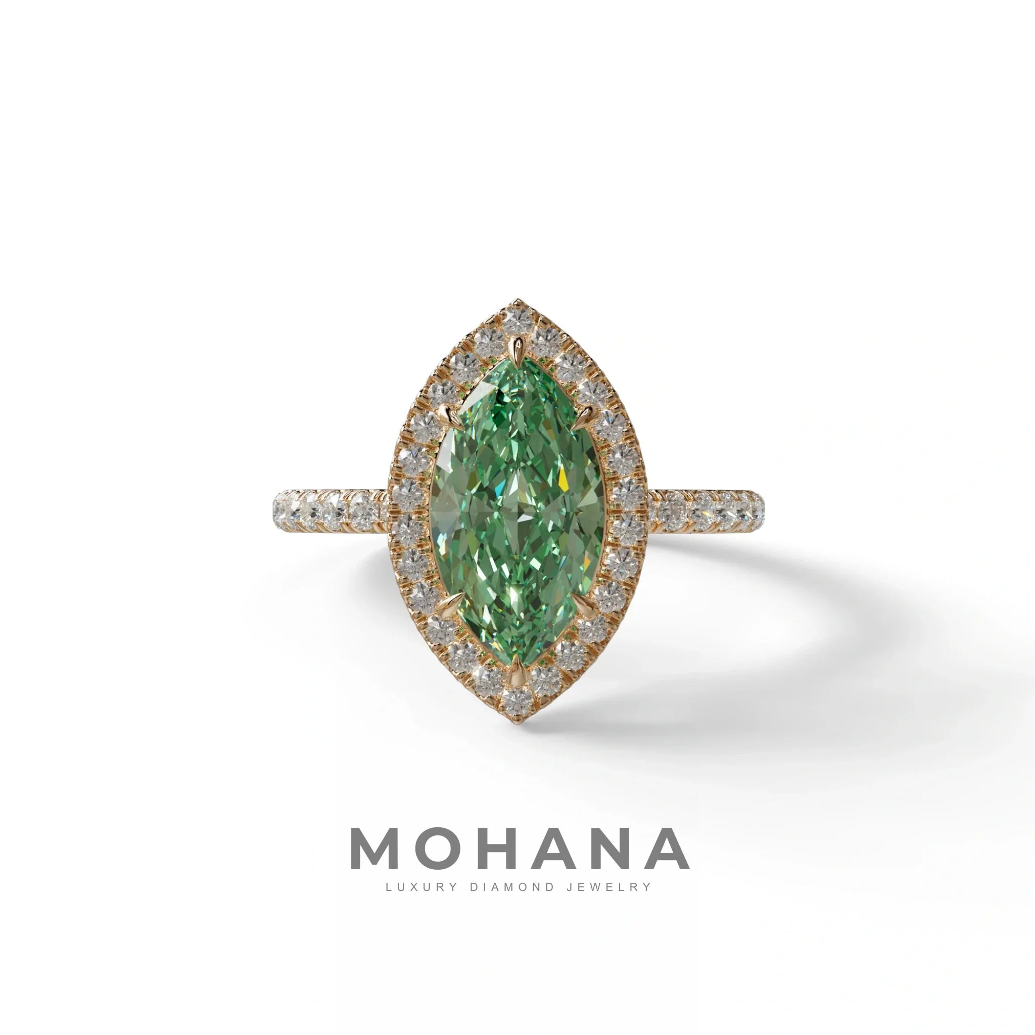 Green Marquise Cut Halo & Pave Lab Grown Diamond Engagement Ring - Simplicity - 2 Carat / 10K Solid Gold / Rose Gold