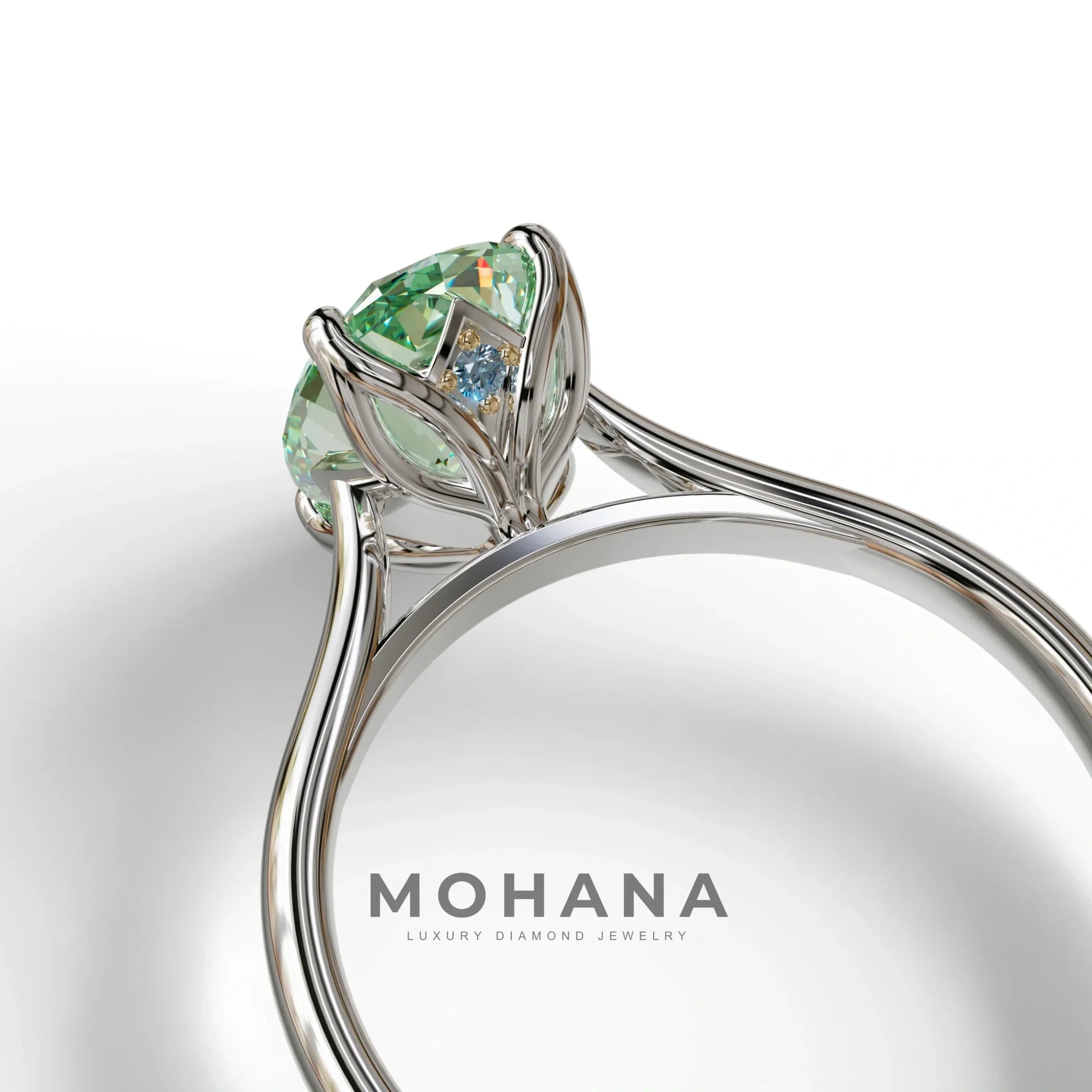 Green Oval Cut Hidden Diamond Solitaire Lab Grown Diamond Ring - Secrecy