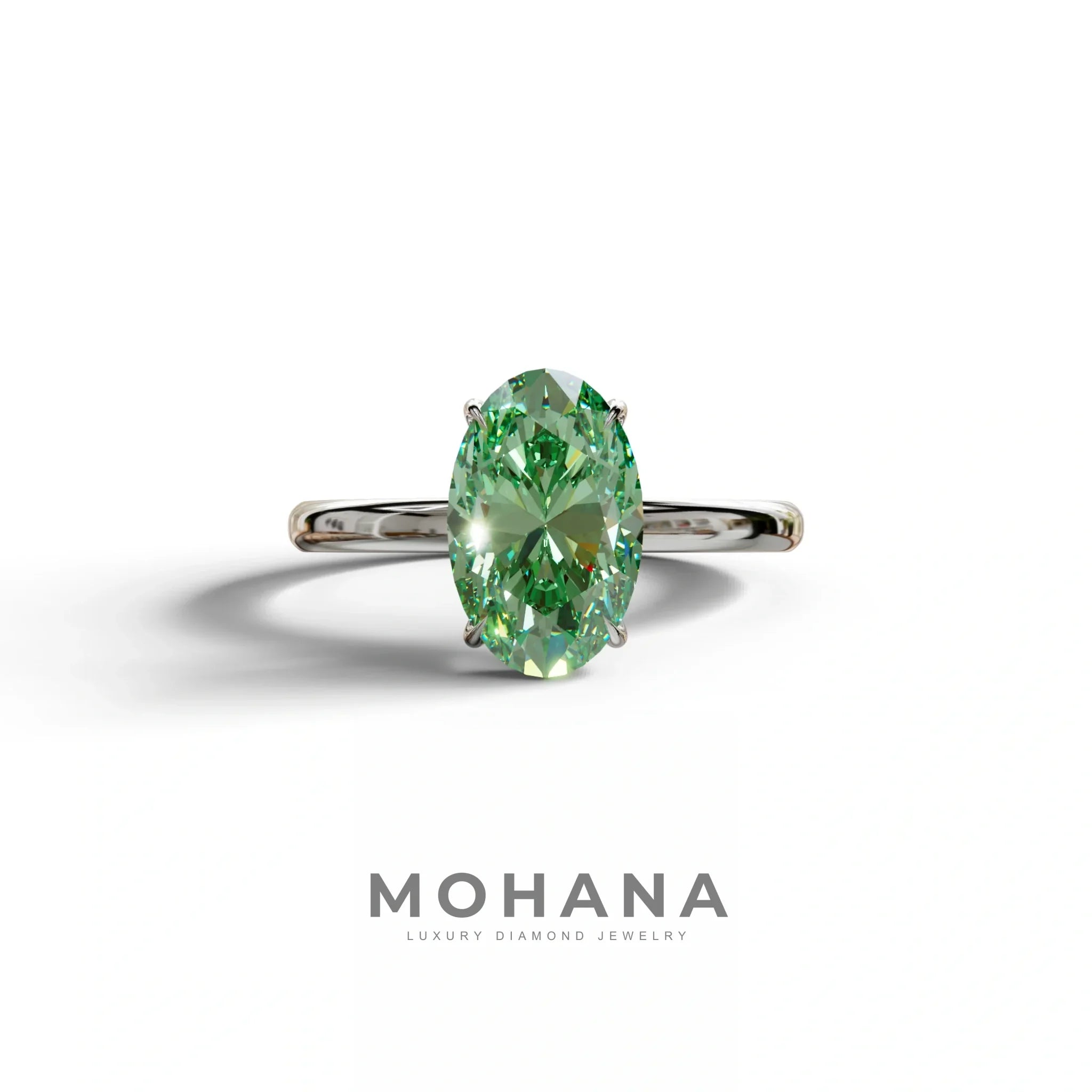 Green Oval Cut Solitaire Lab Grown Diamond Engagement Ring - Curiosa - 2 Carat / 10K Solid Gold / White Gold