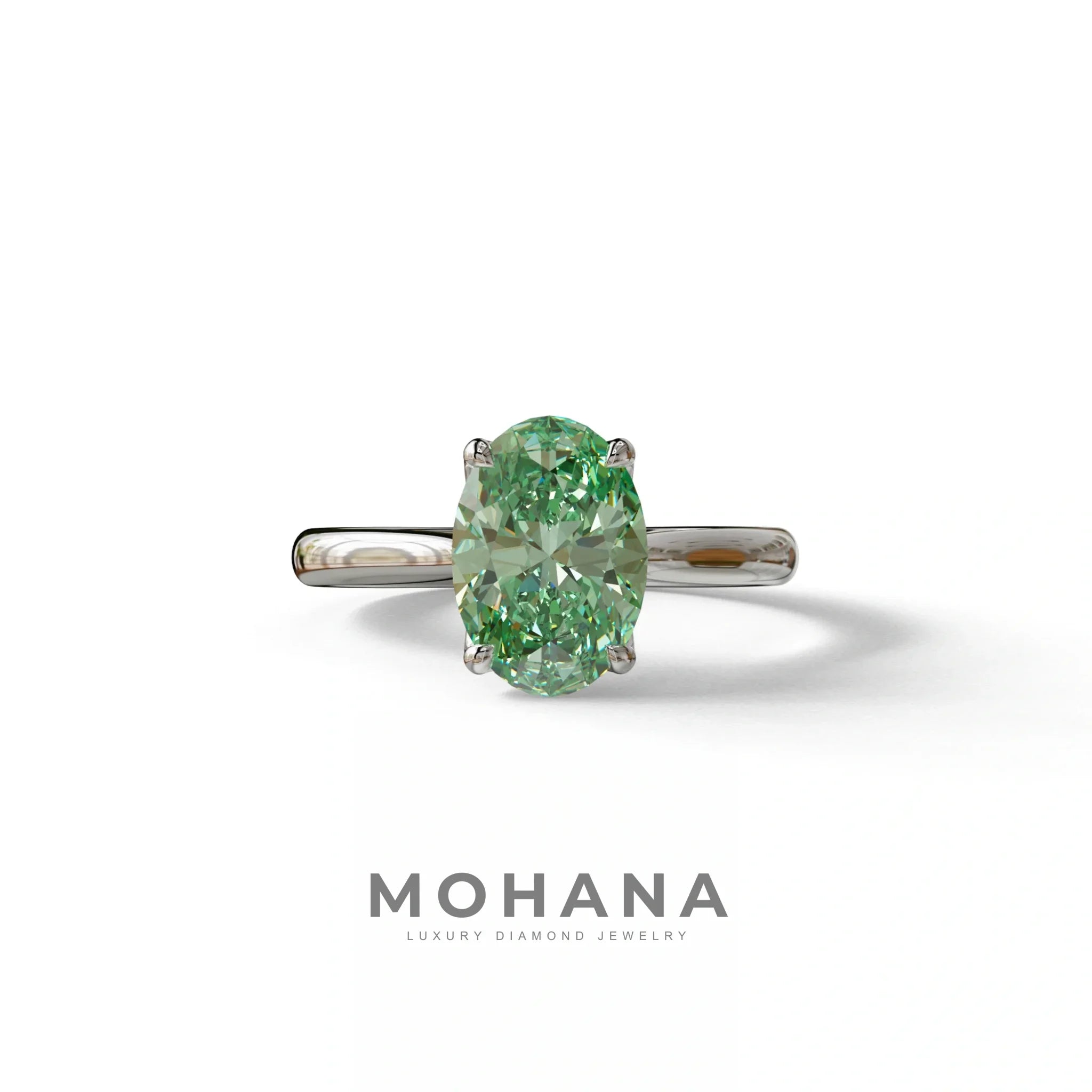 Green Oval Cut Hidden Diamond Solitaire Lab Grown Diamond Ring - Secrecy - 2 Carat / 10K Solid Gold / White Gold
