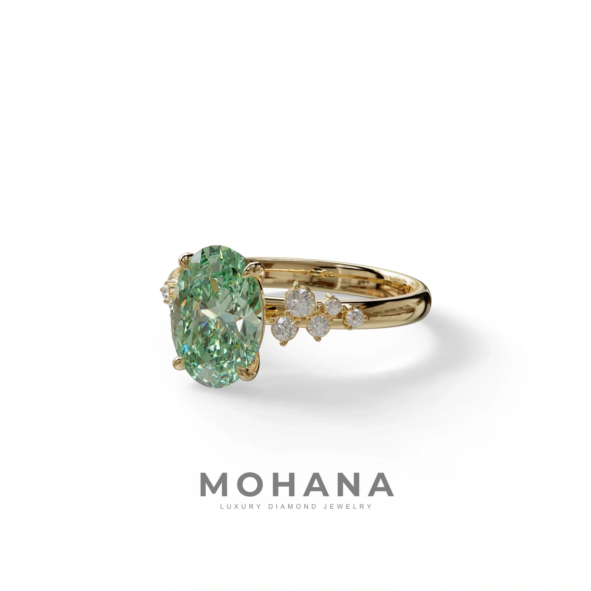 Green Oval Cut Cluster-Vintage Setting Lab Grown Diamond Ring - Celeste Arc