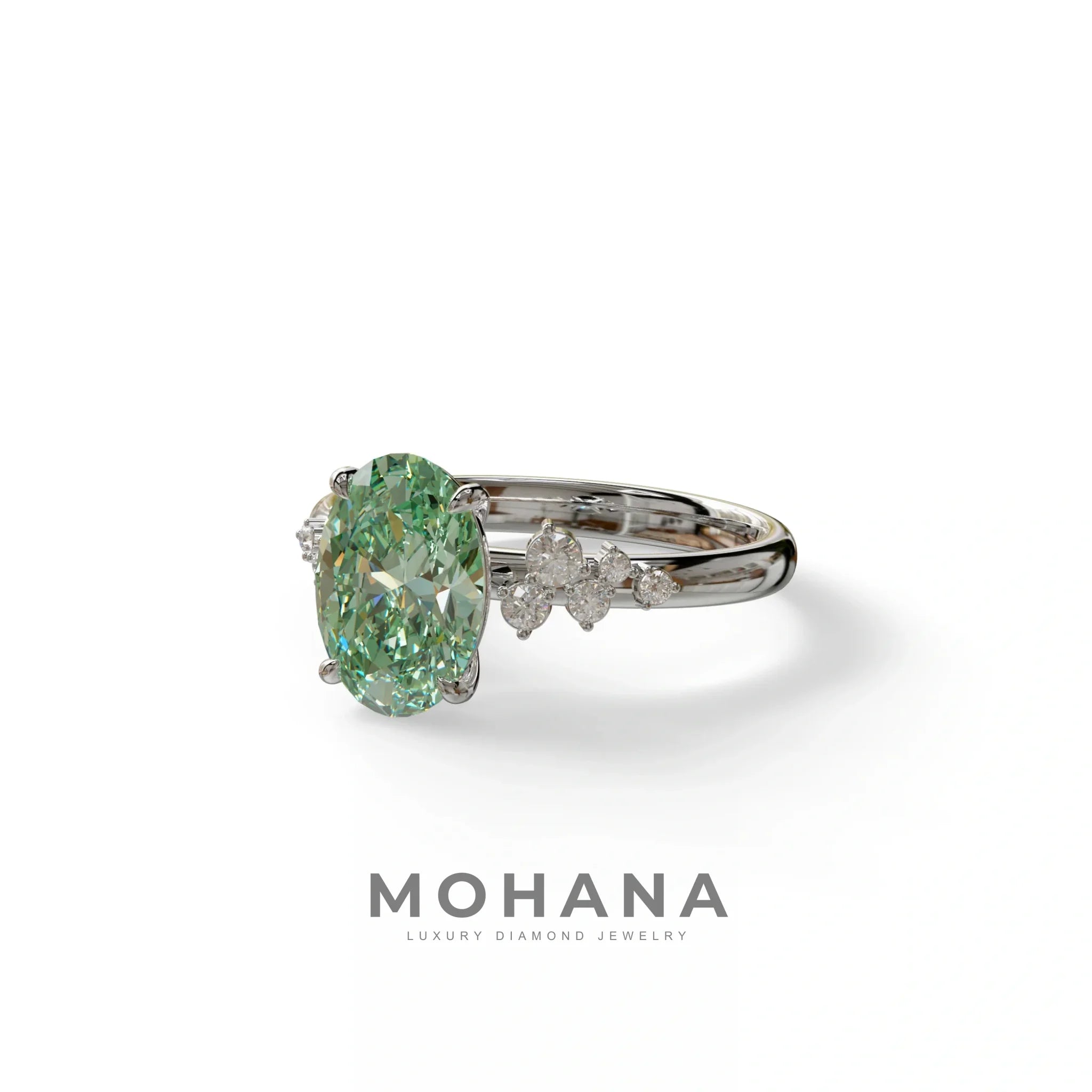 Green Oval Cut Cluster-Vintage Setting Lab Grown Diamond Ring - Celeste Arc