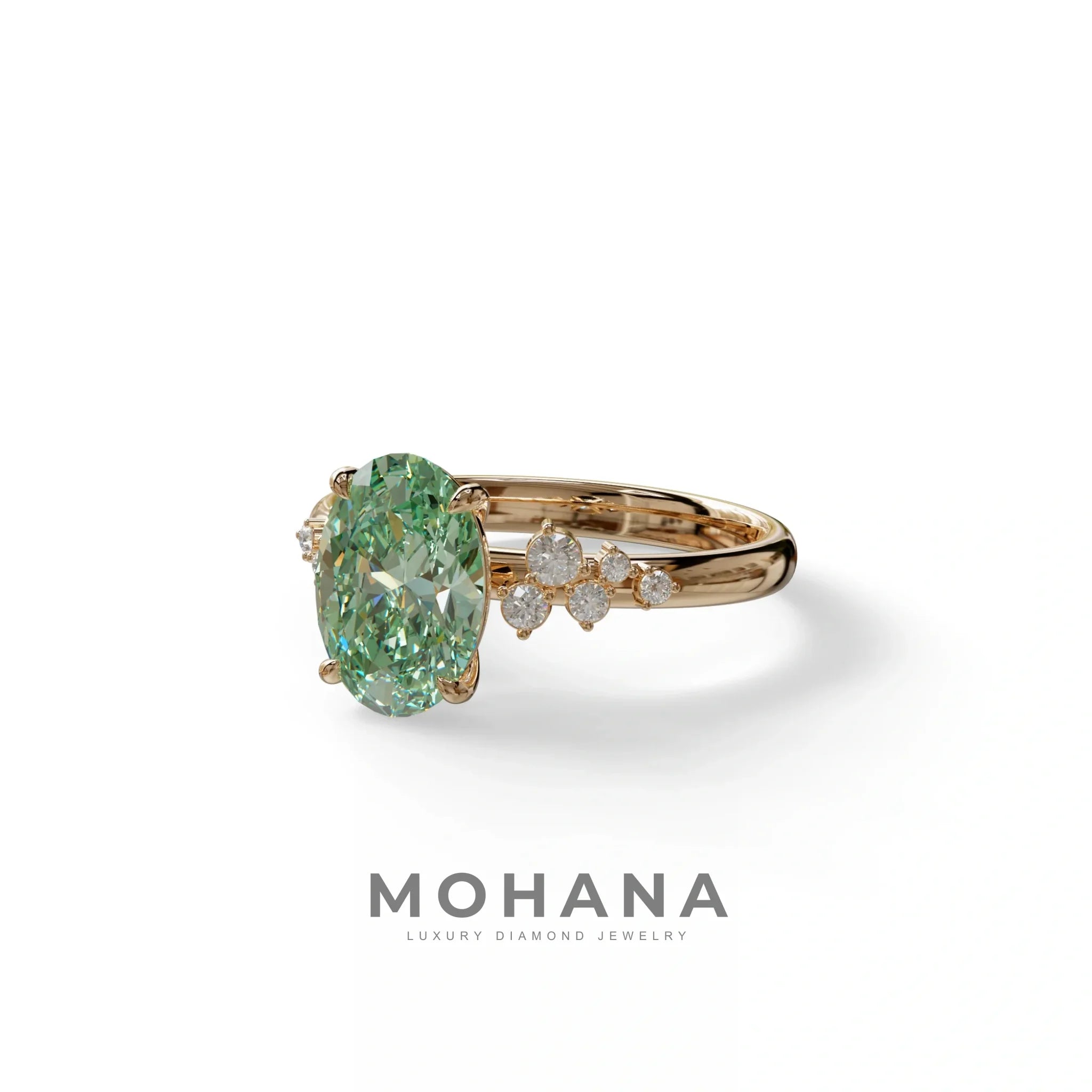 Green Oval Cut Cluster-Vintage Setting Lab Grown Diamond Ring - Celeste Arc